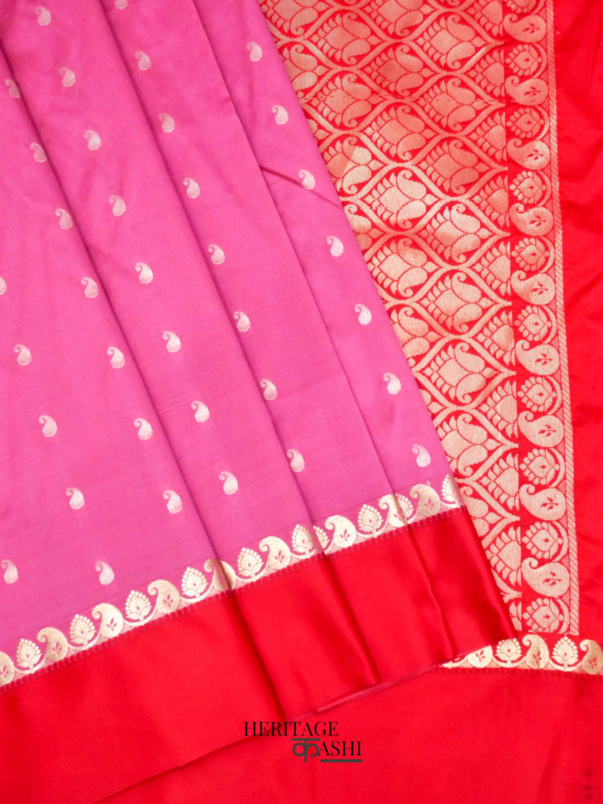 Onion Pink Banarasi Satin Silk Allover Zari Buti Saree