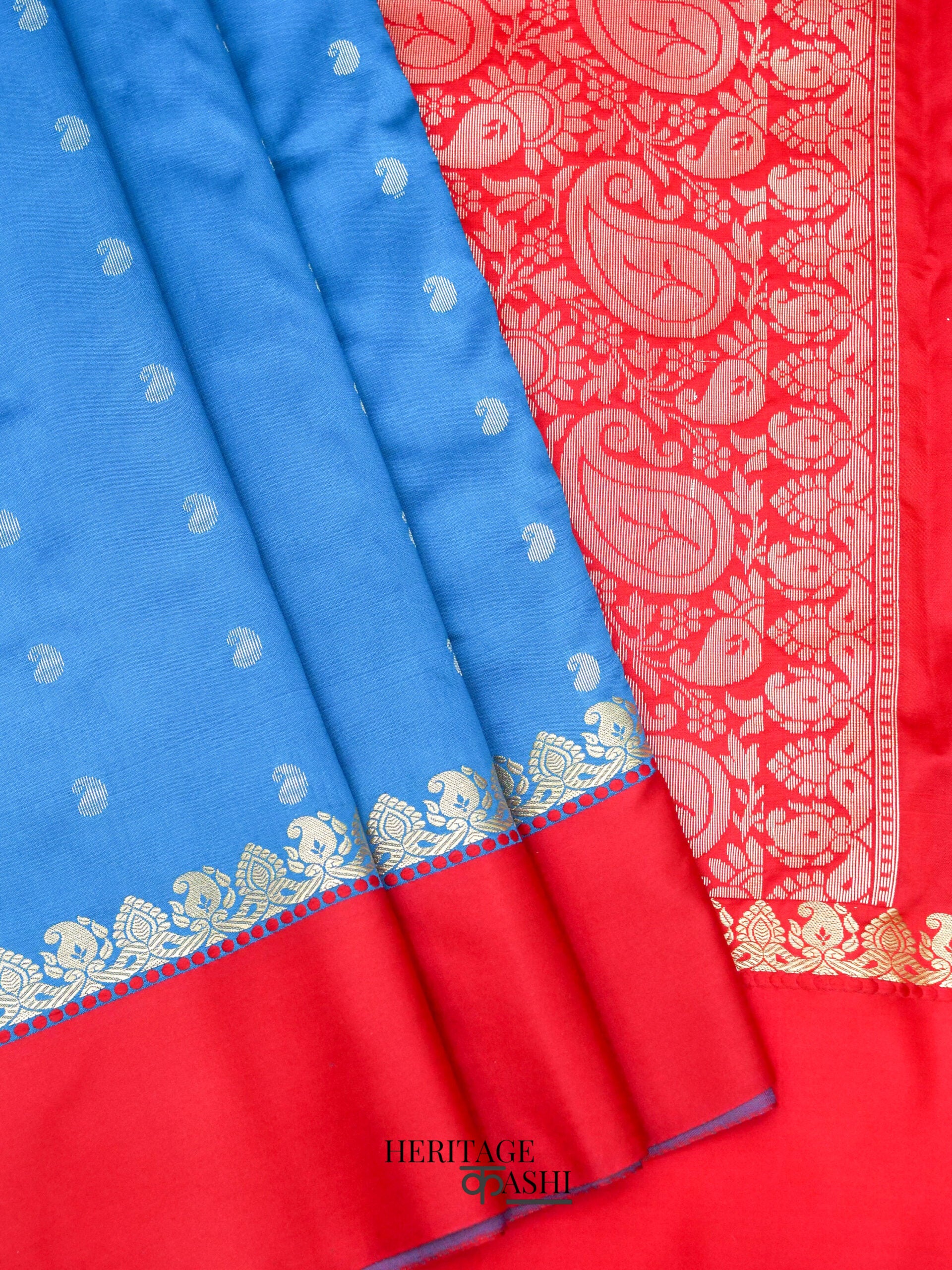 Peacock Blue Banarasi Satin Silk Allover Zari Buti Saree