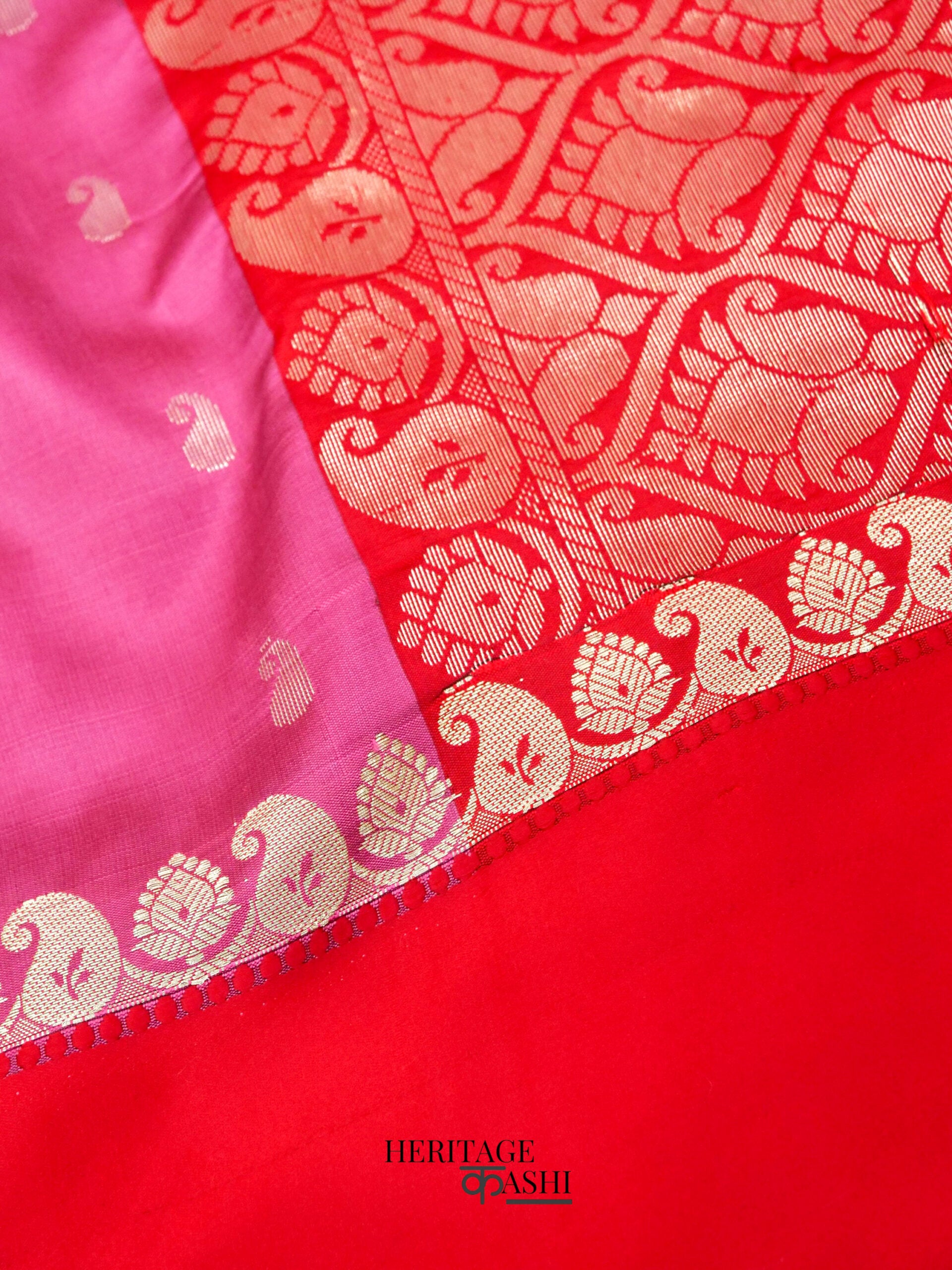 Onion Pink Banarasi Satin Silk Allover Zari Buti Saree
