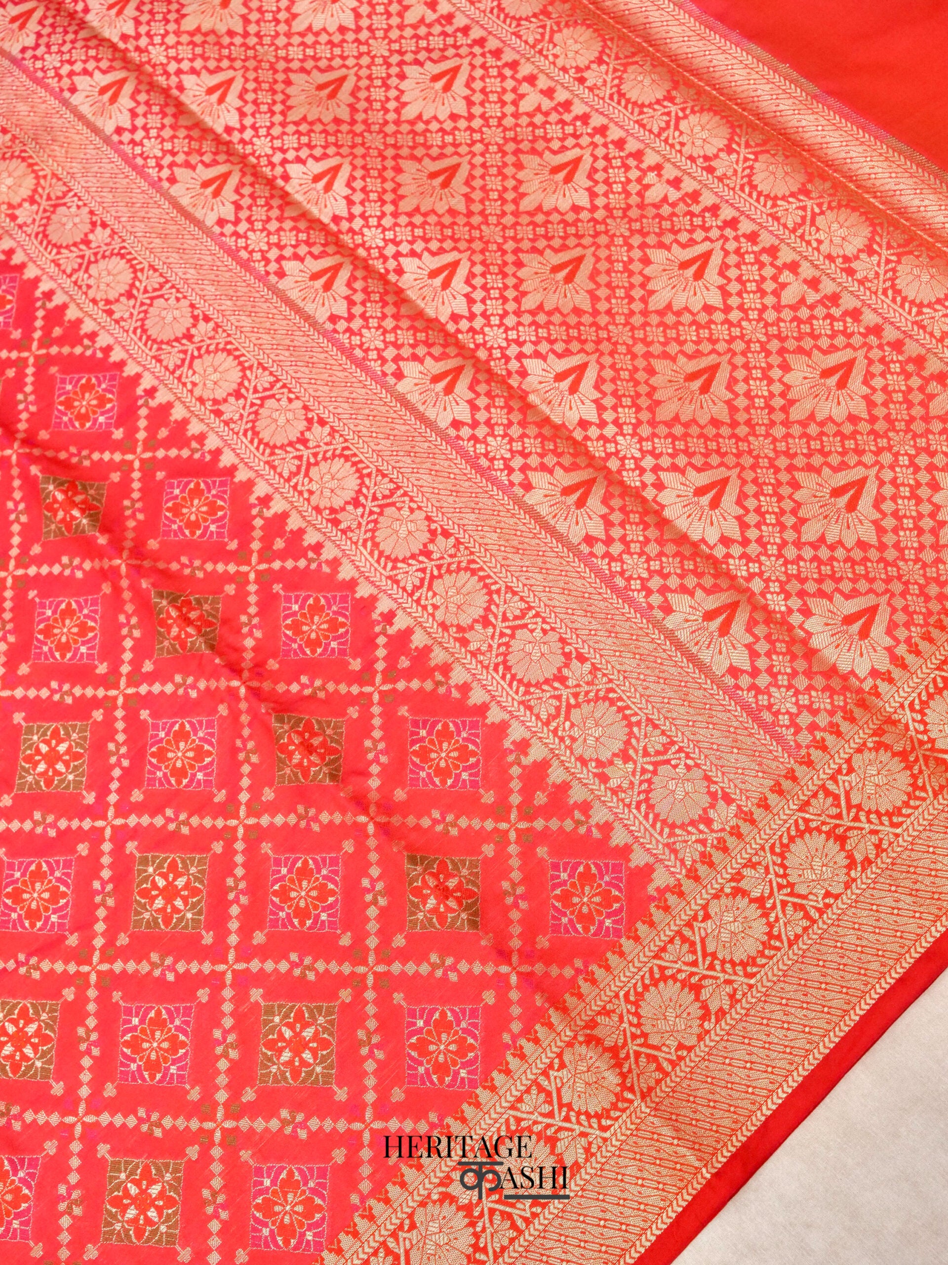 Pinky Orange Katan Floral Motif Ghatchola Designer Saree