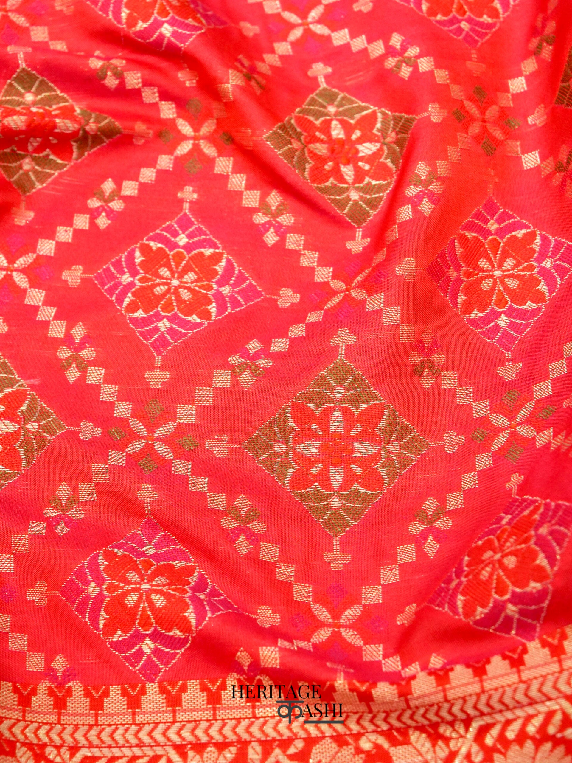 Pinky Orange Katan Floral Motif Ghatchola Designer Saree