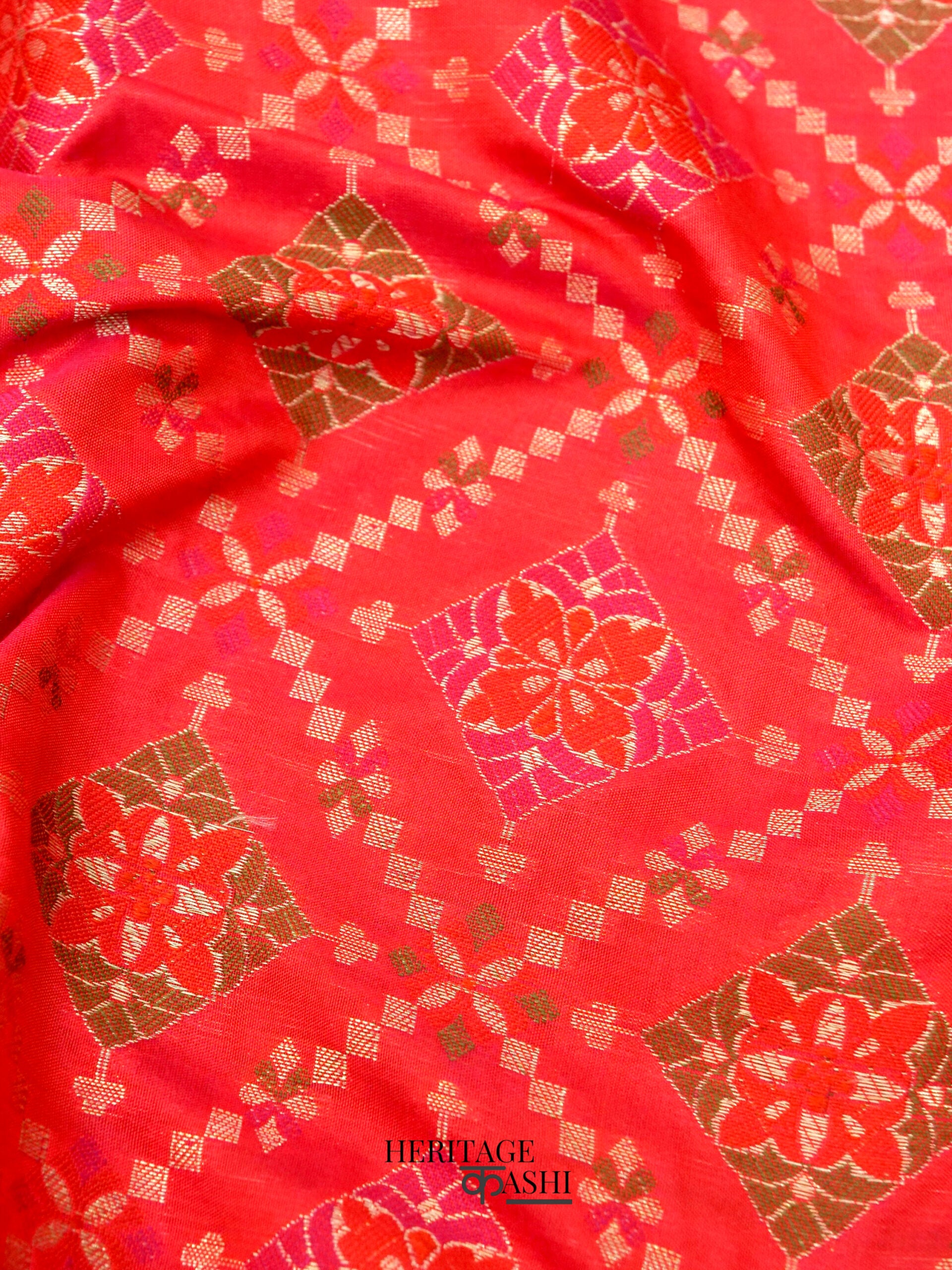 Pinky Orange Katan Floral Motif Ghatchola Designer Saree