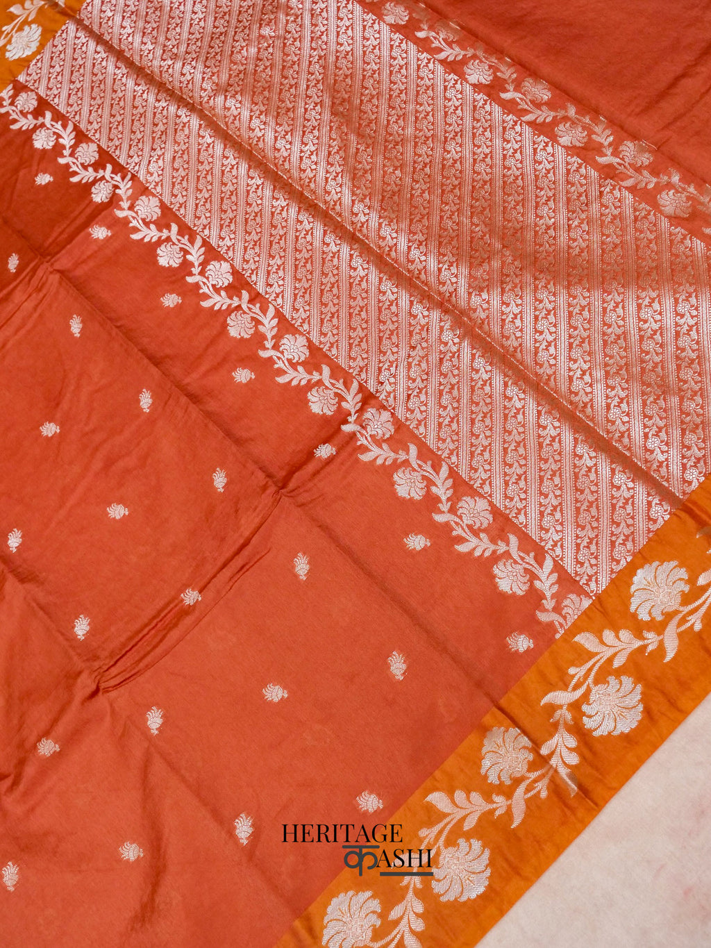 Rust Orange Mango Silk Banarasi Jaal Border Saree