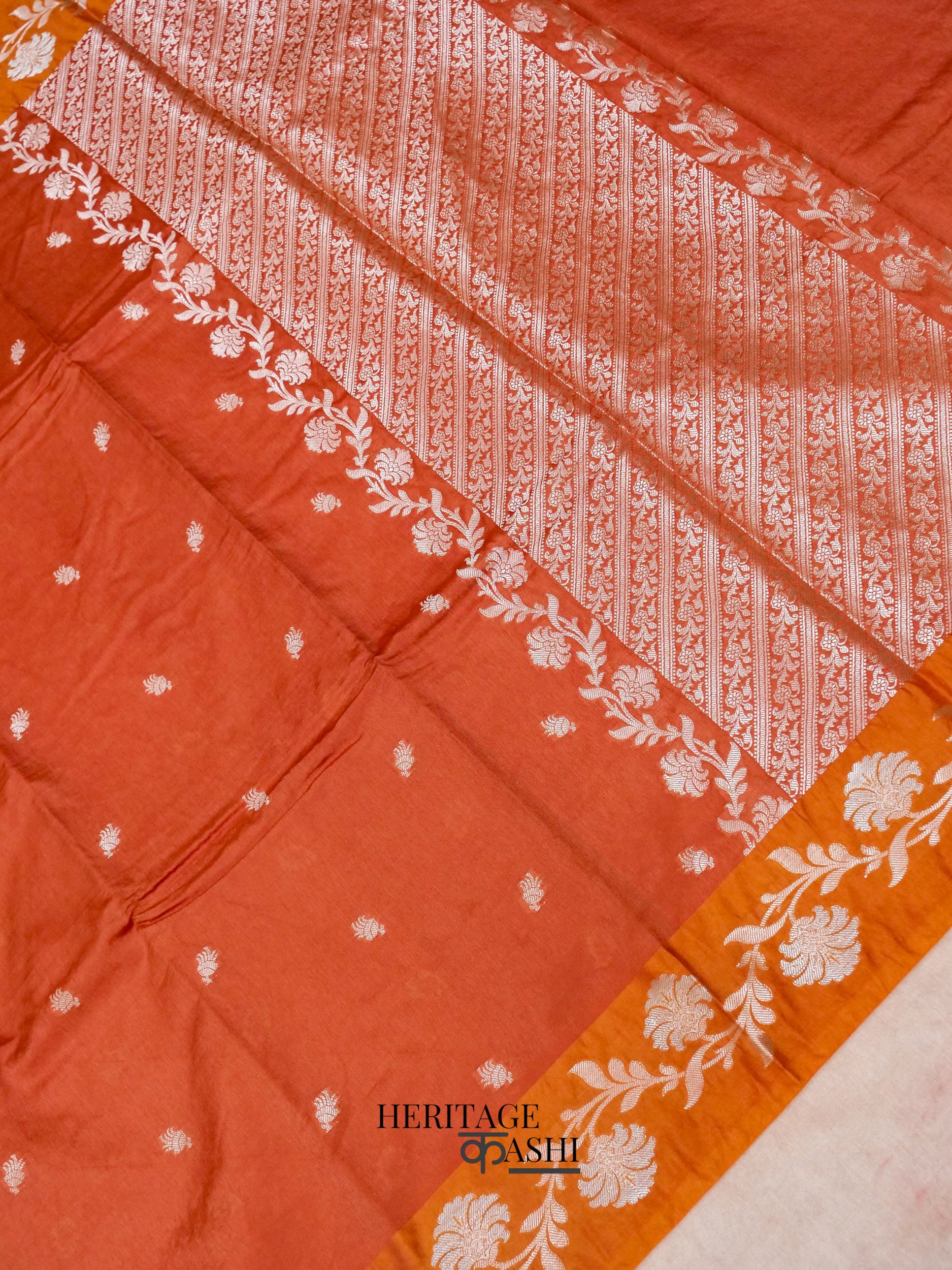 Rust Orange Mango Silk Banarasi Jaal Border Saree