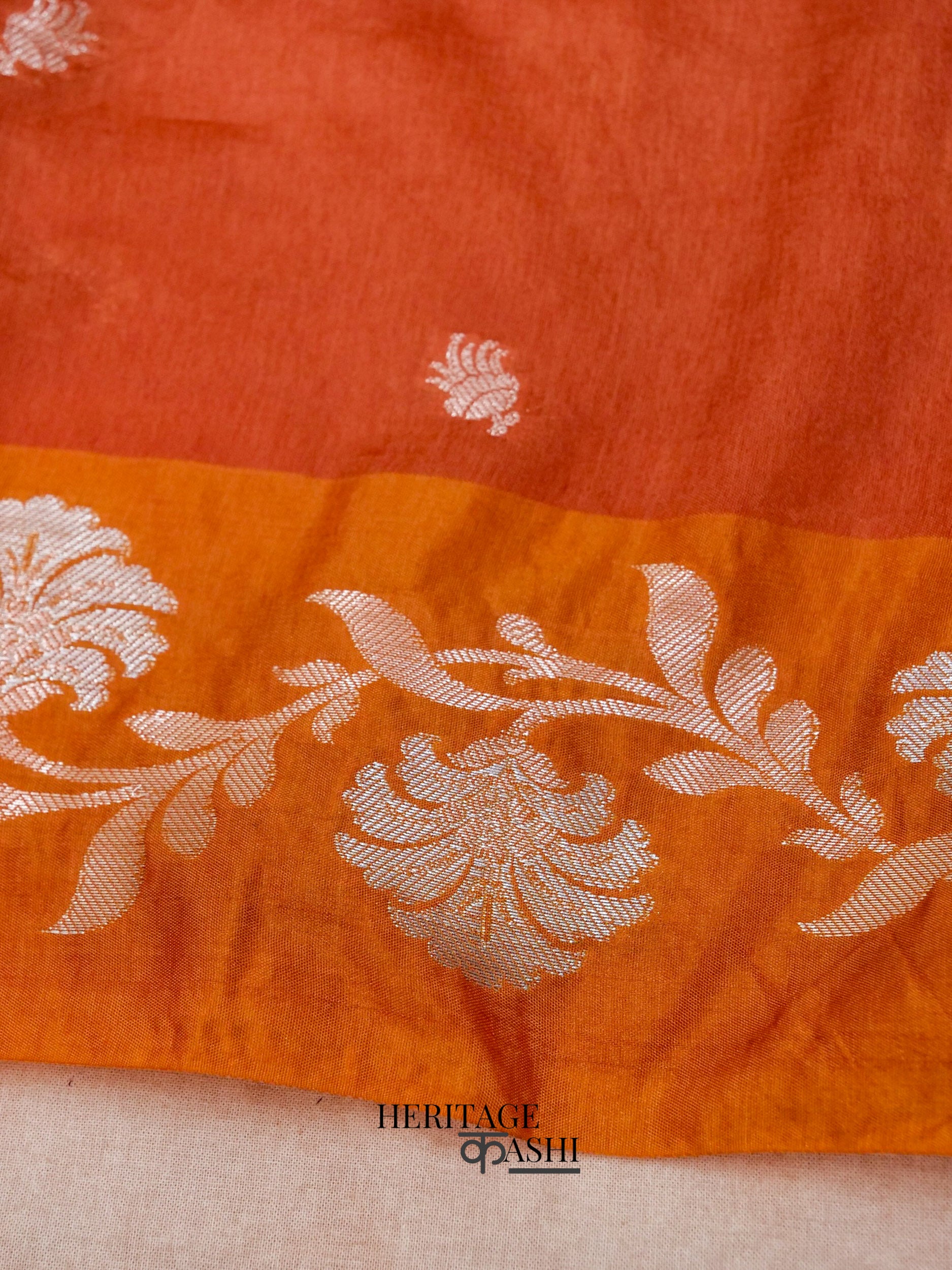 Rust Orange Mango Silk Banarasi Jaal Border Saree