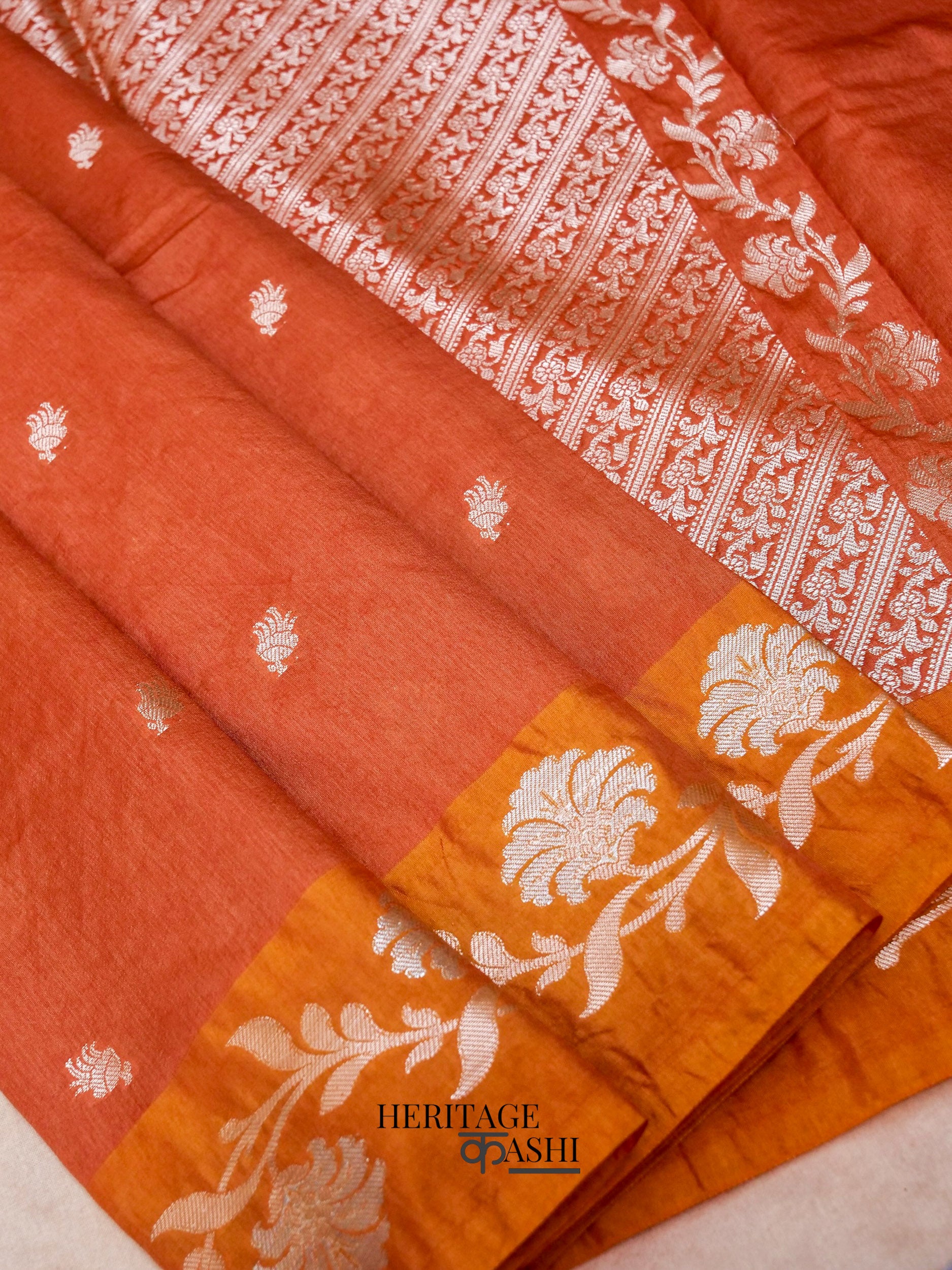 Rust Orange Mango Silk Banarasi Jaal Border Saree