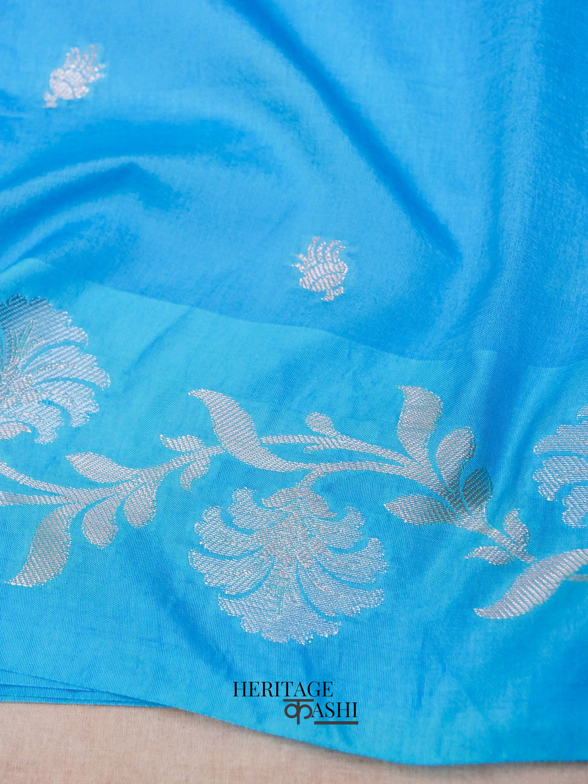 Sky Blue Mango Silk Banarasi Jaal Border Saree