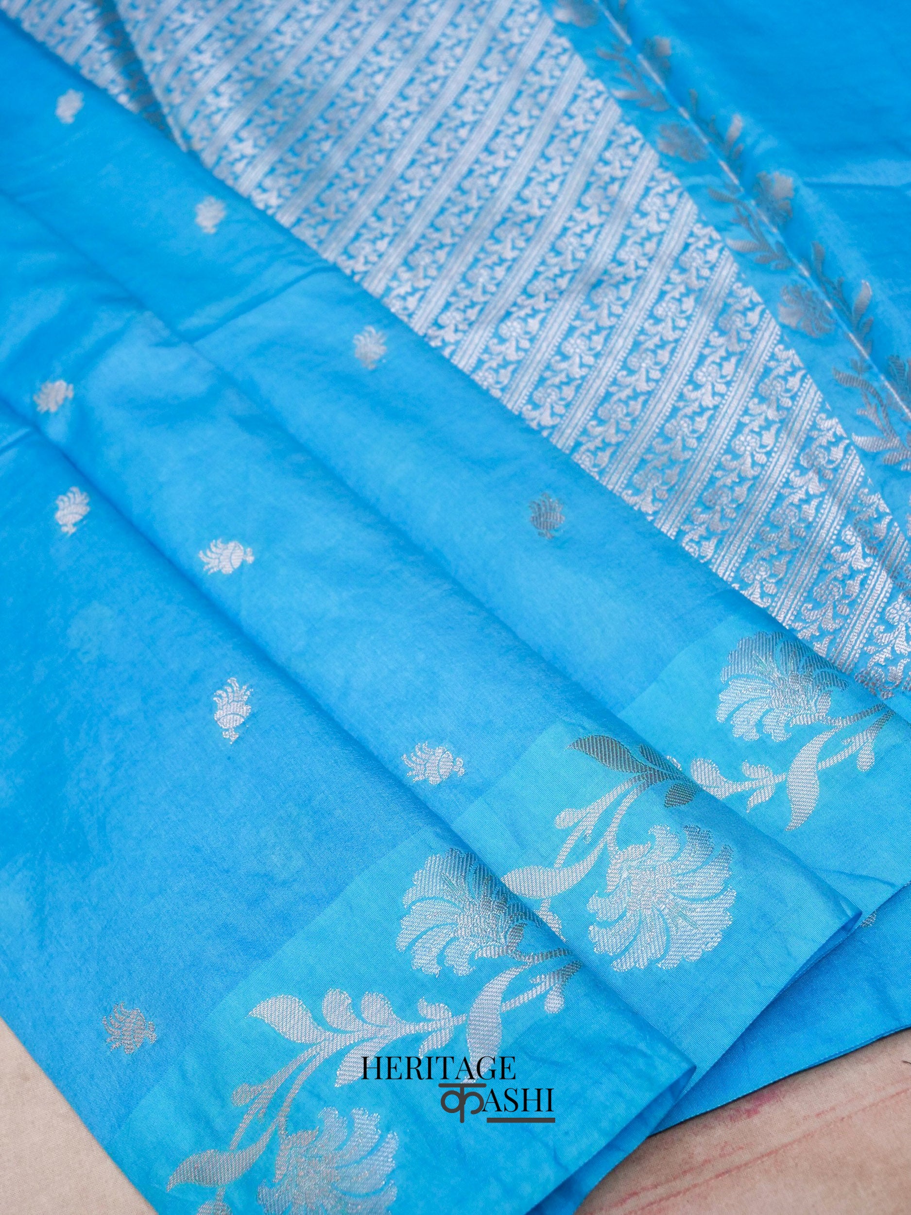 Sky Blue Mango Silk Banarasi Jaal Border Saree