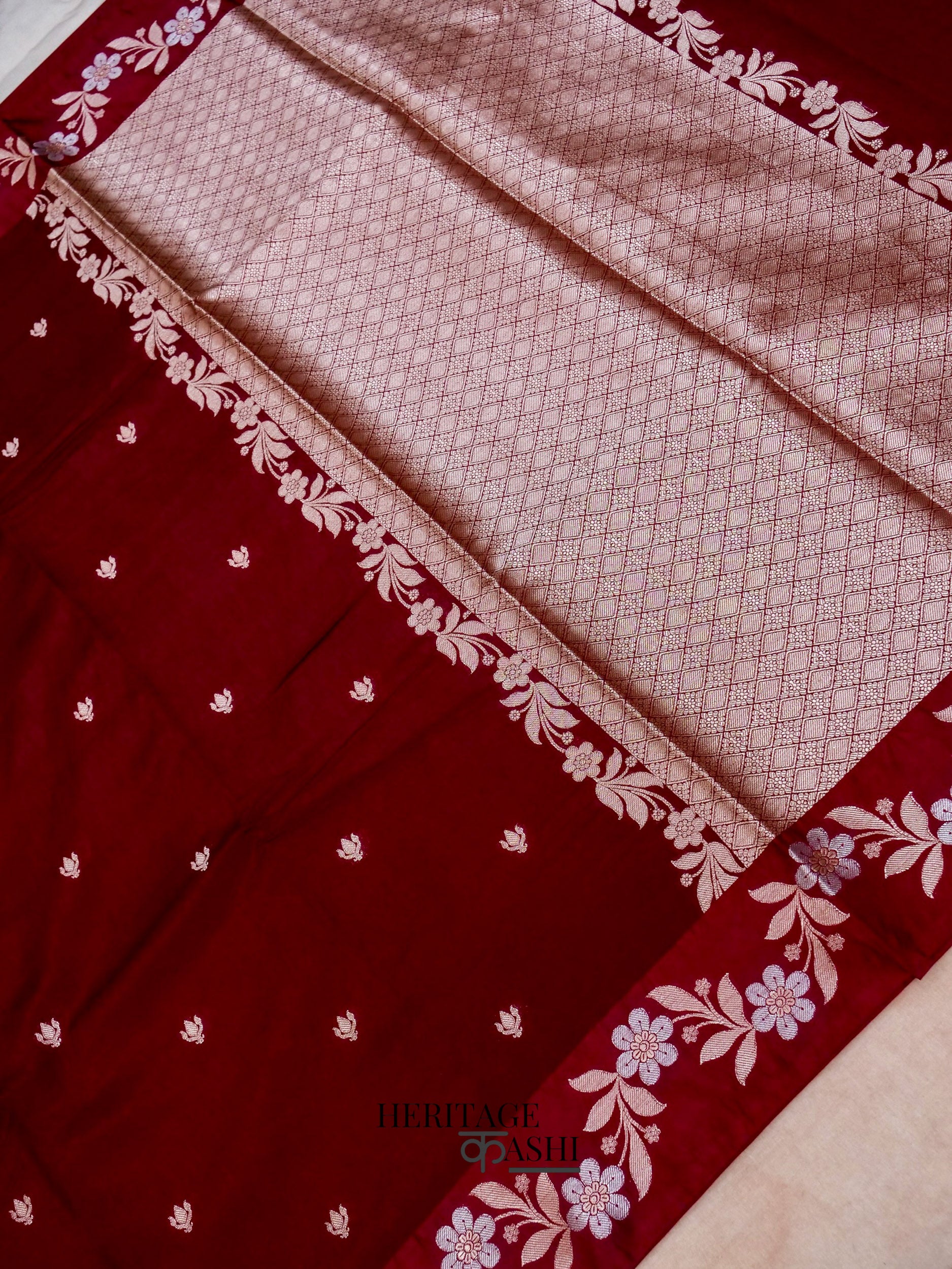Blood Red Mango Silk Banarasi Jaal Border Saree