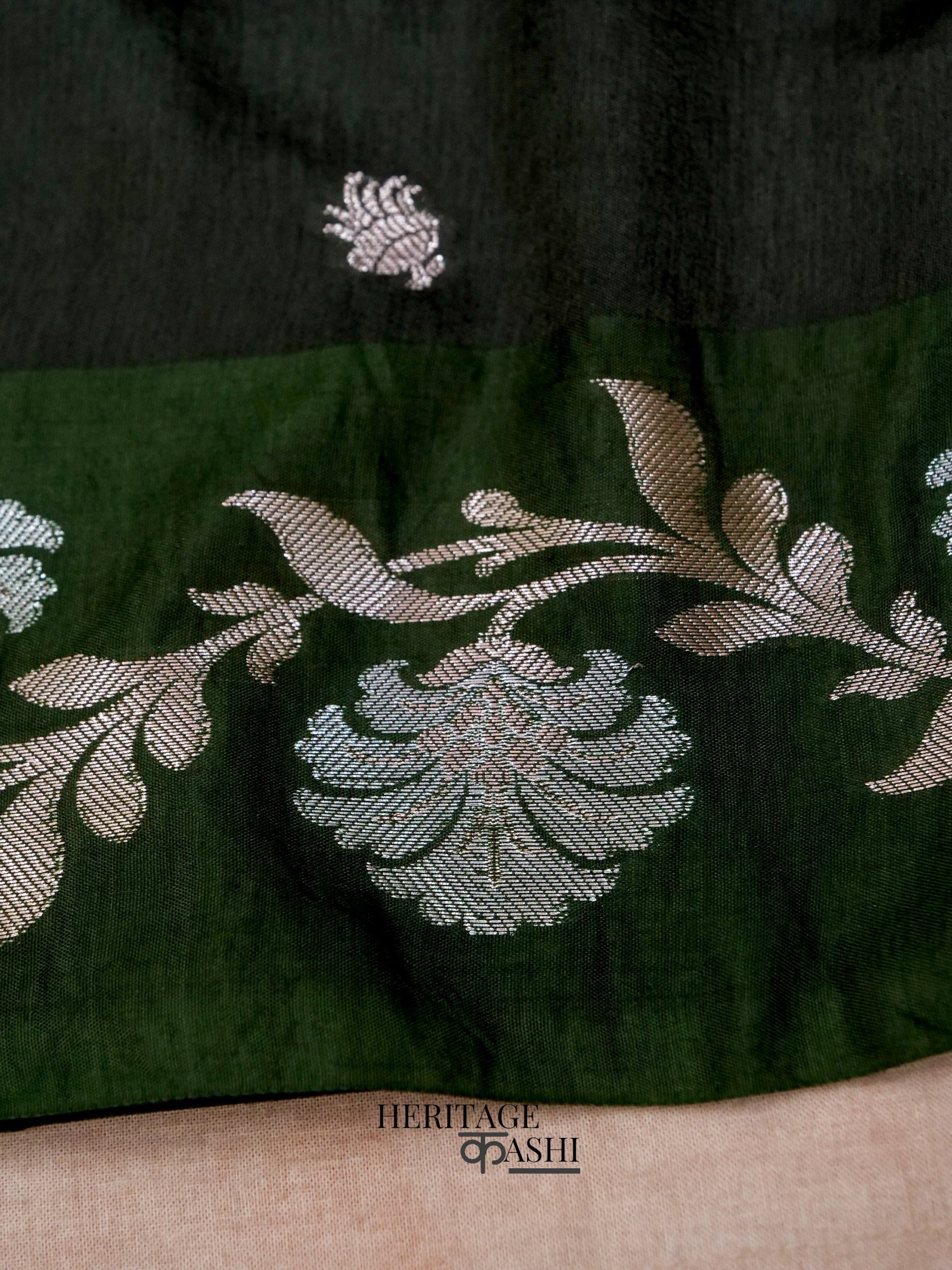 Deep Green Mango Silk Banarasi Jaal Border Saree