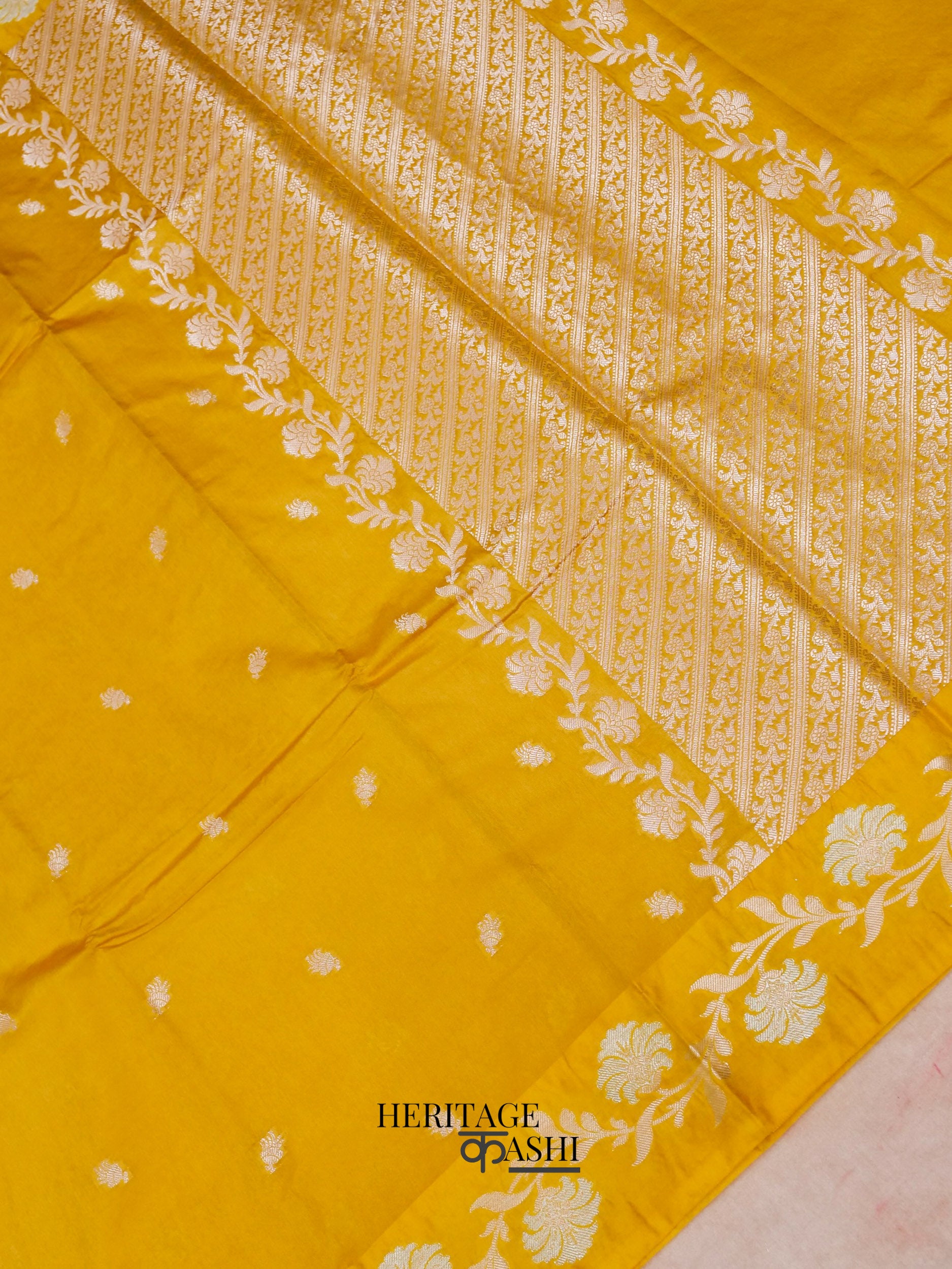 Yellow Mango Silk Banarasi Jaal Border Saree
