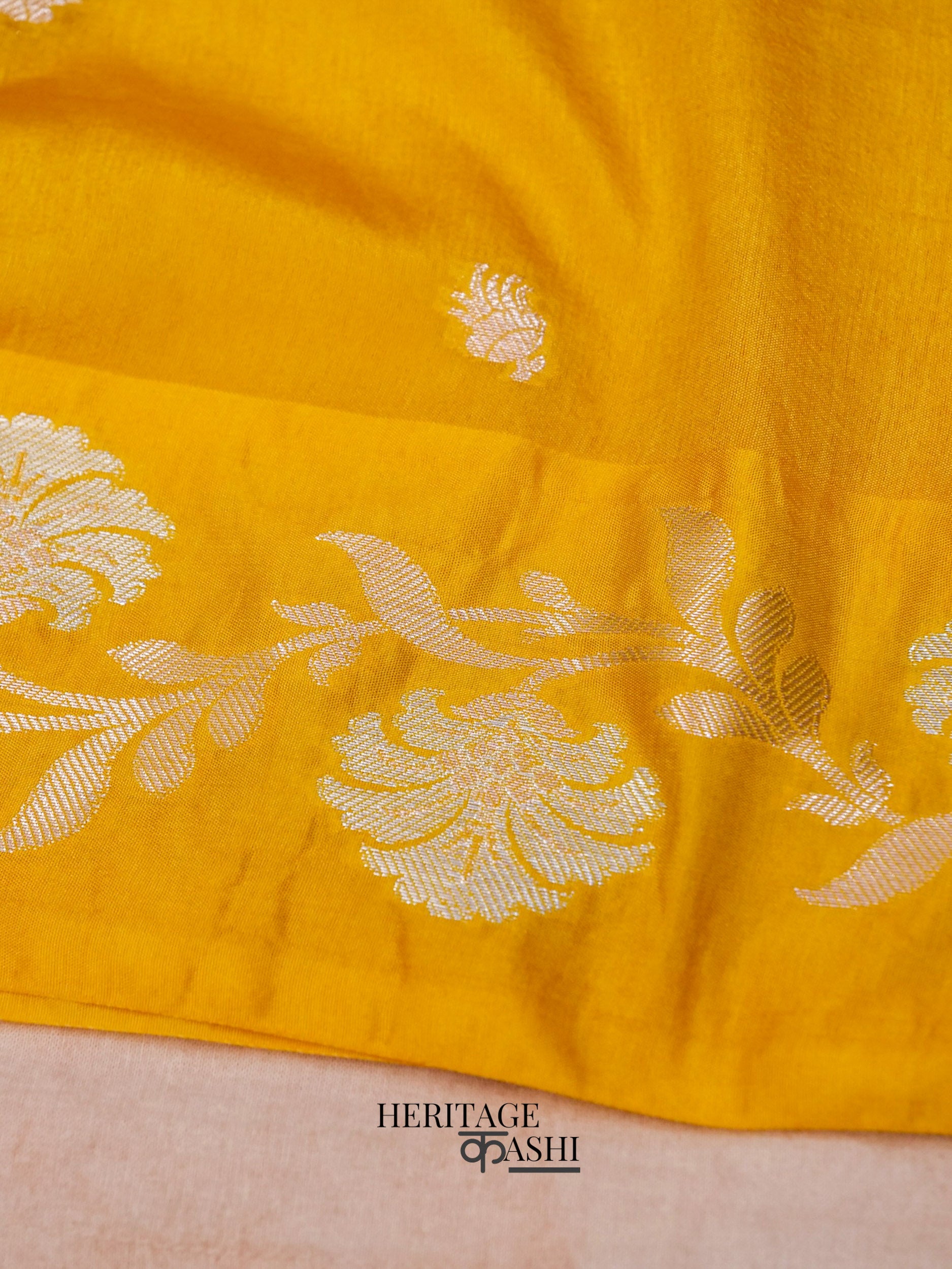 Yellow Mango Silk Banarasi Jaal Border Saree
