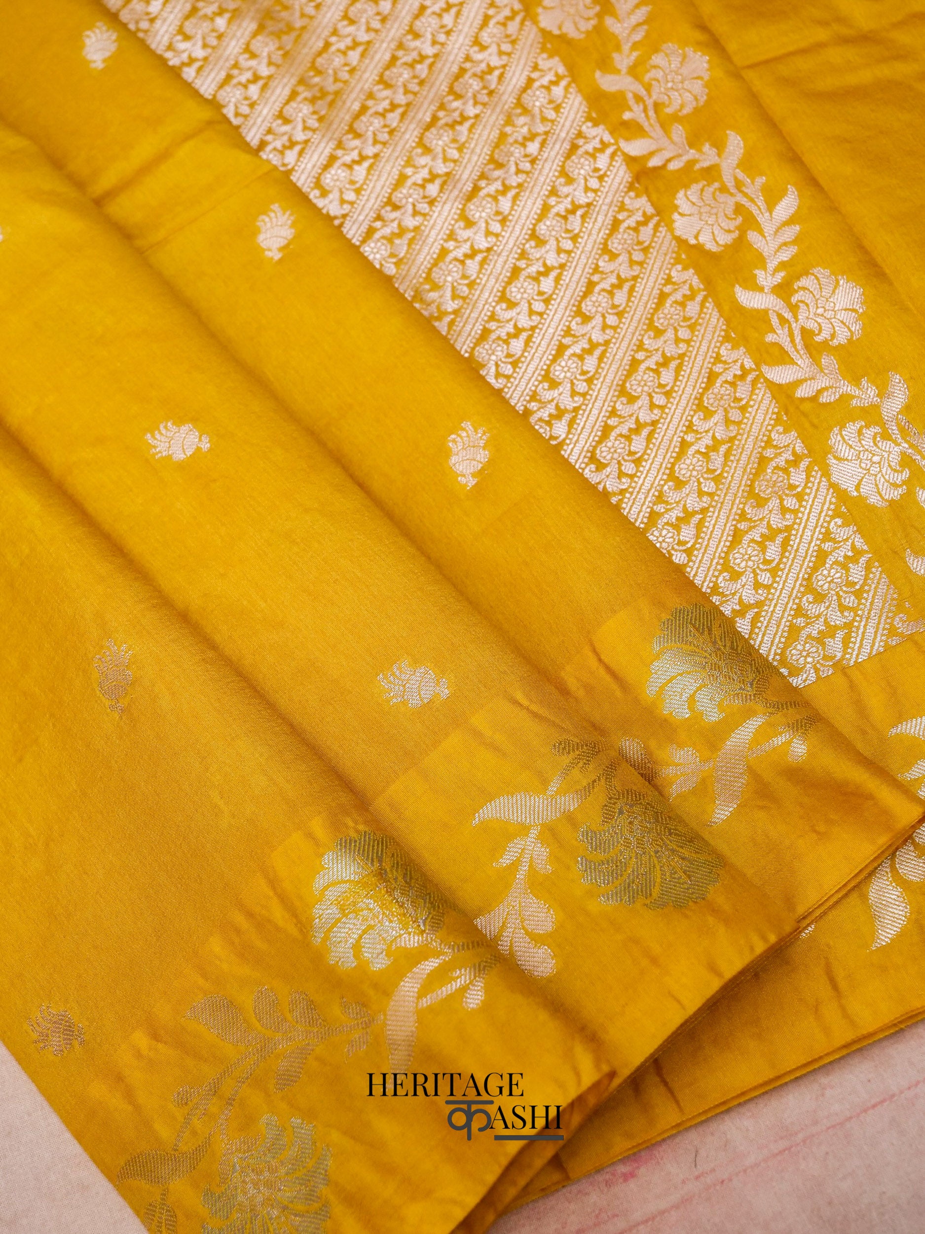 Yellow Mango Silk Banarasi Jaal Border Saree