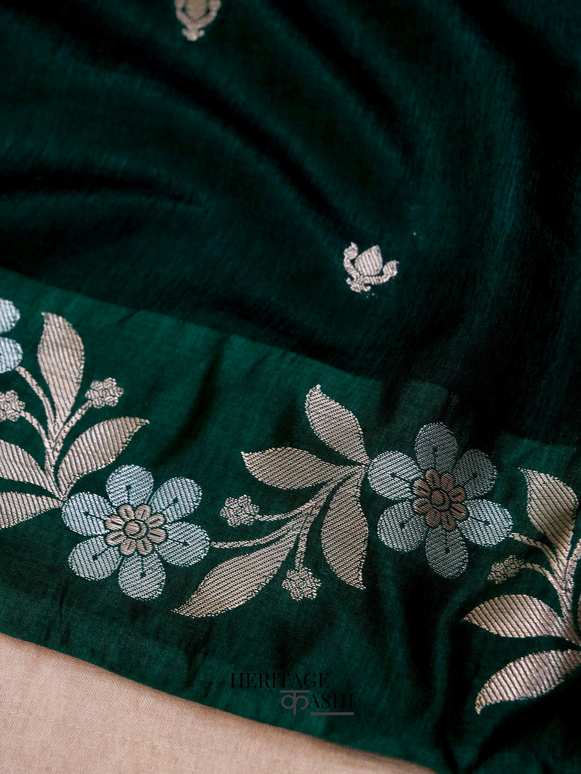 Emerald Green Mango Silk Banarasi Jaal Border Saree