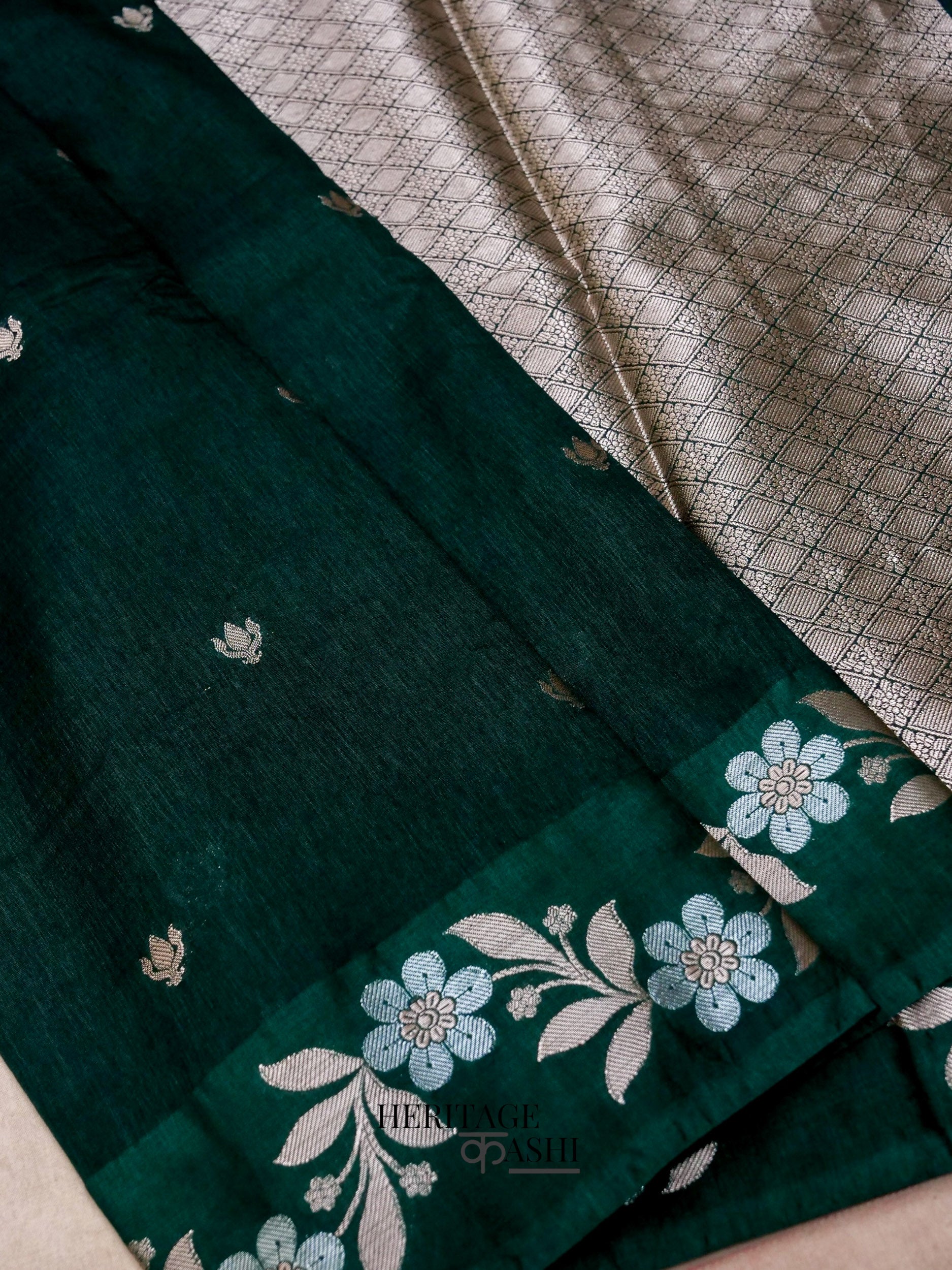 Emerald Green Mango Silk Banarasi Jaal Border Saree