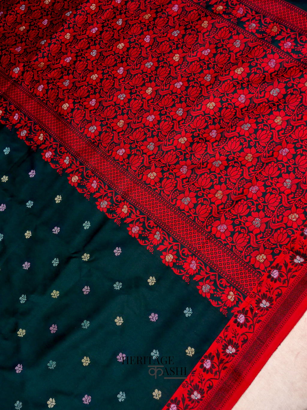 Dark Green Banarasi Soft Silk Ganga Jamuna Saree