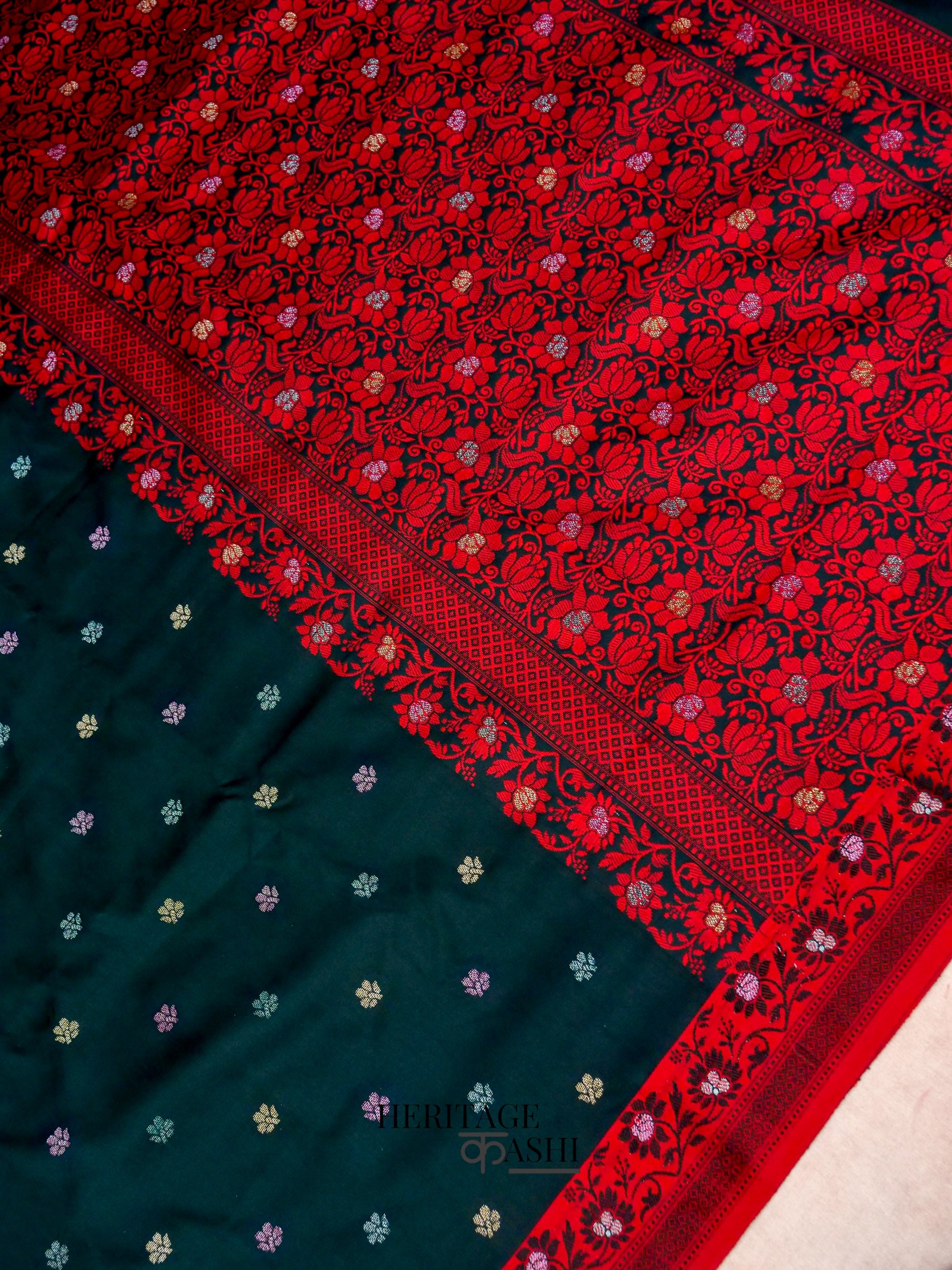 Dark Green Banarasi Soft Silk Ganga Jamuna Saree