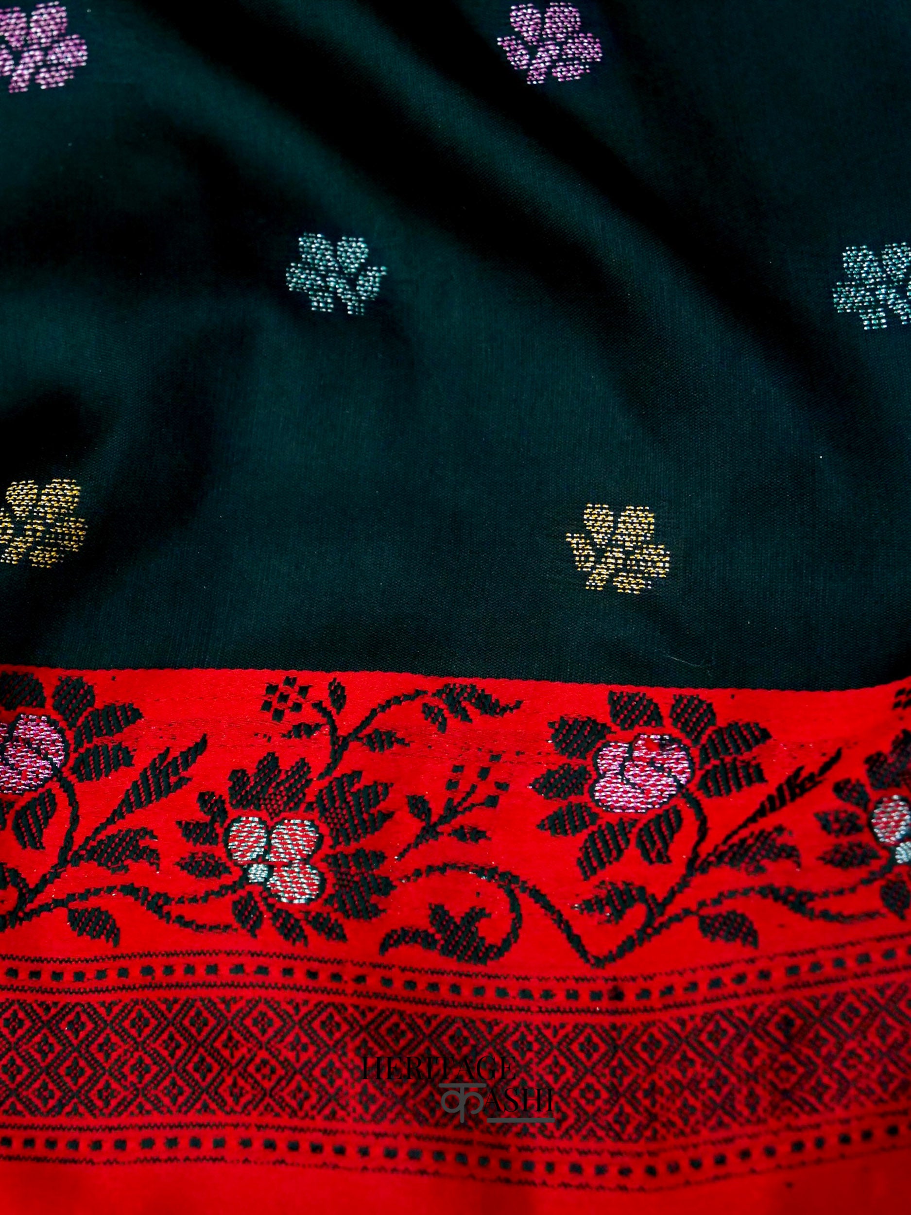 Dark Green Banarasi Soft Silk Ganga Jamuna Saree