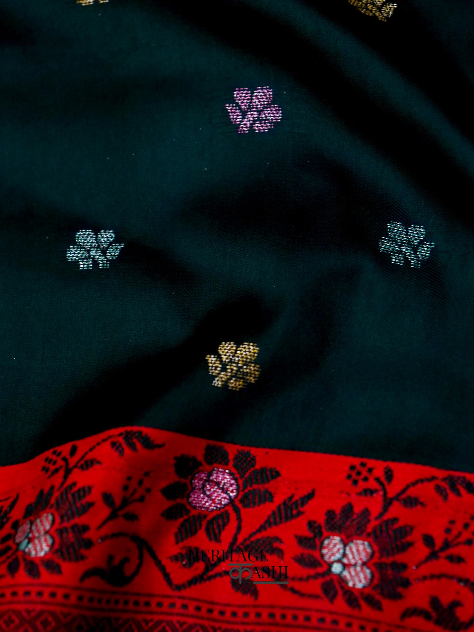 Dark Green Banarasi Soft Silk Ganga Jamuna Saree
