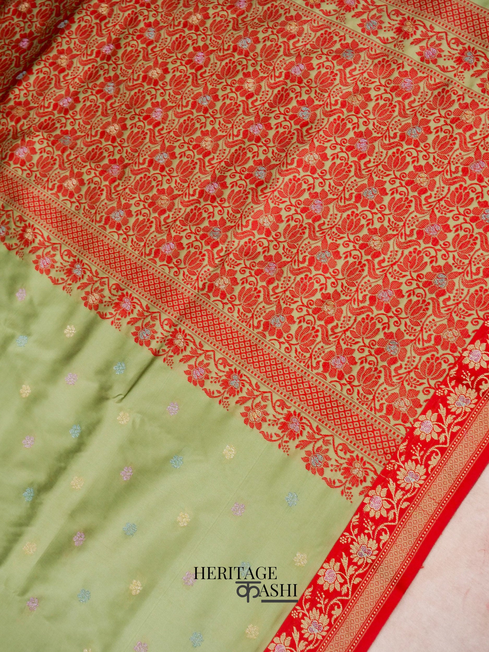 Olive Green Banarasi Soft Silk Ganga Jamuna Saree