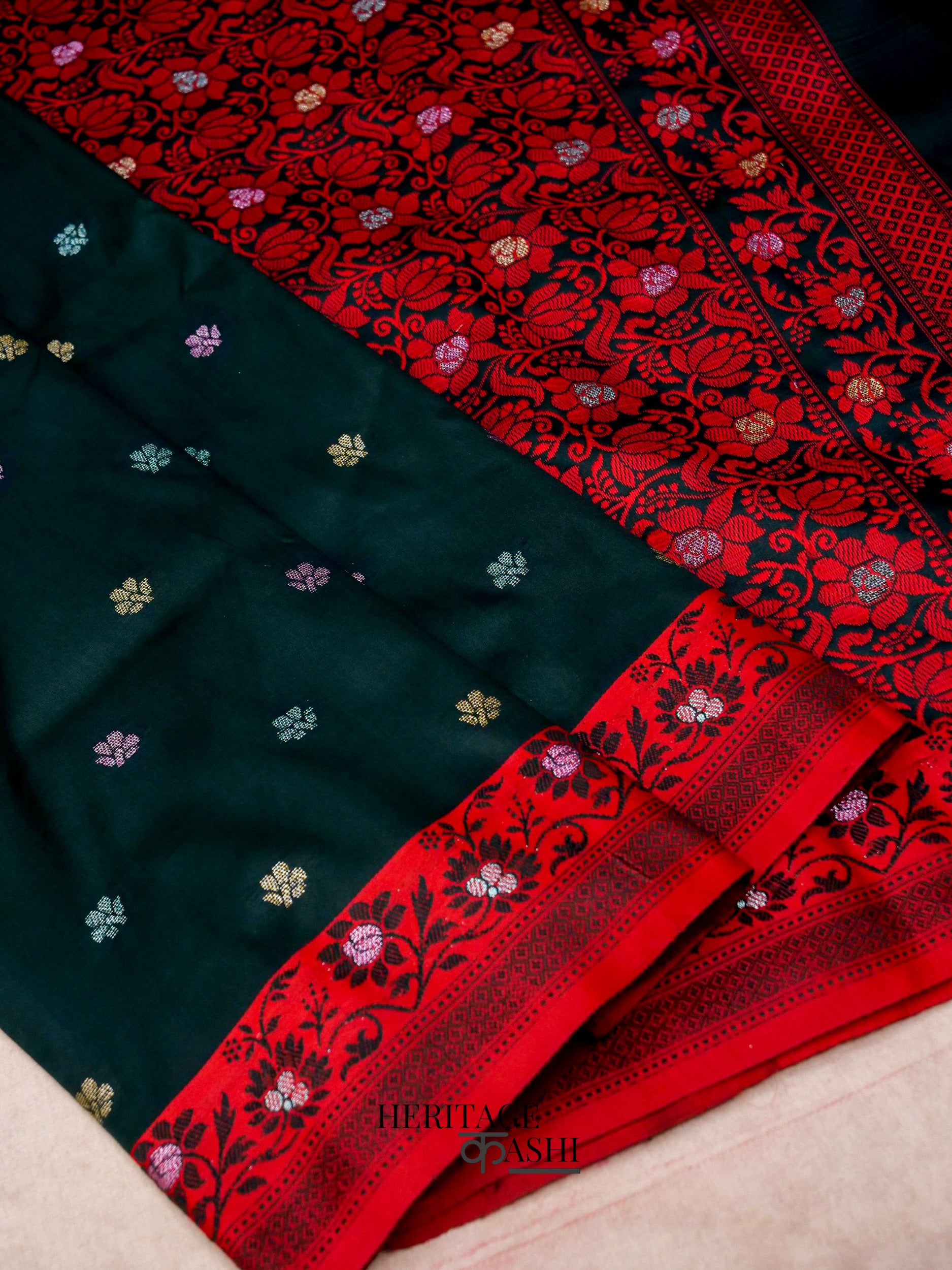 Dark Green Banarasi Soft Silk Ganga Jamuna Saree