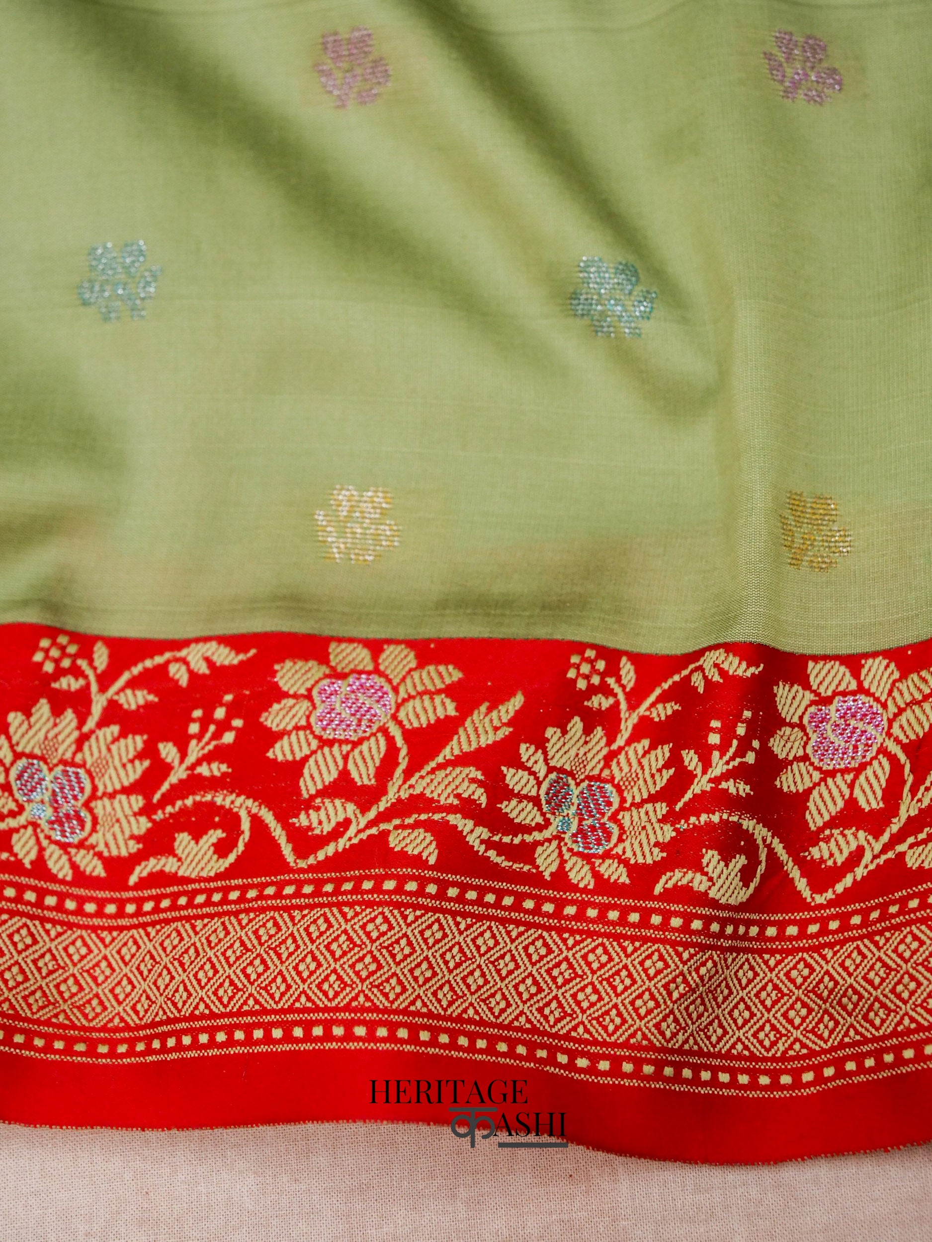 Olive Green Banarasi Soft Silk Ganga Jamuna Saree