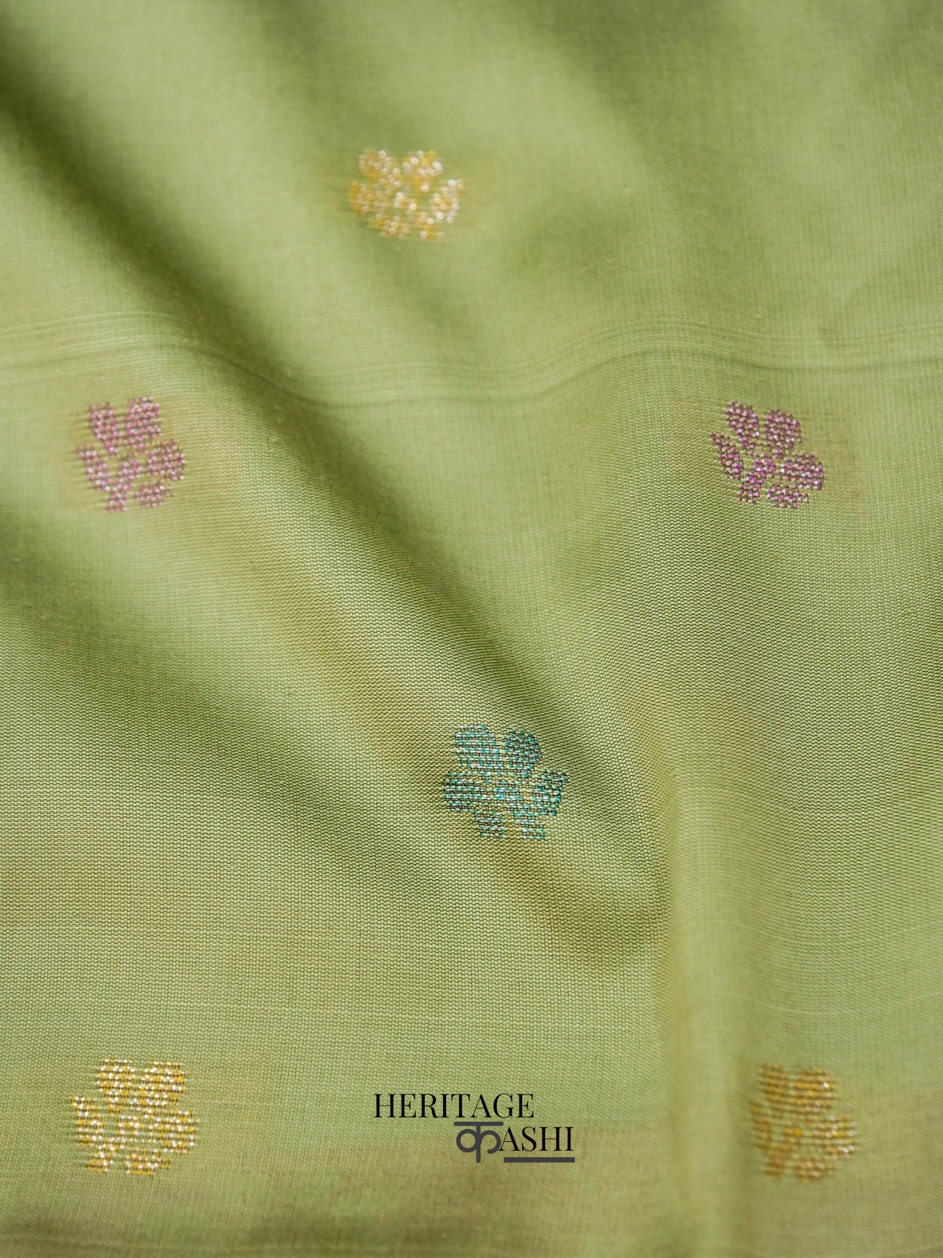 Olive Green Banarasi Soft Silk Ganga Jamuna Saree
