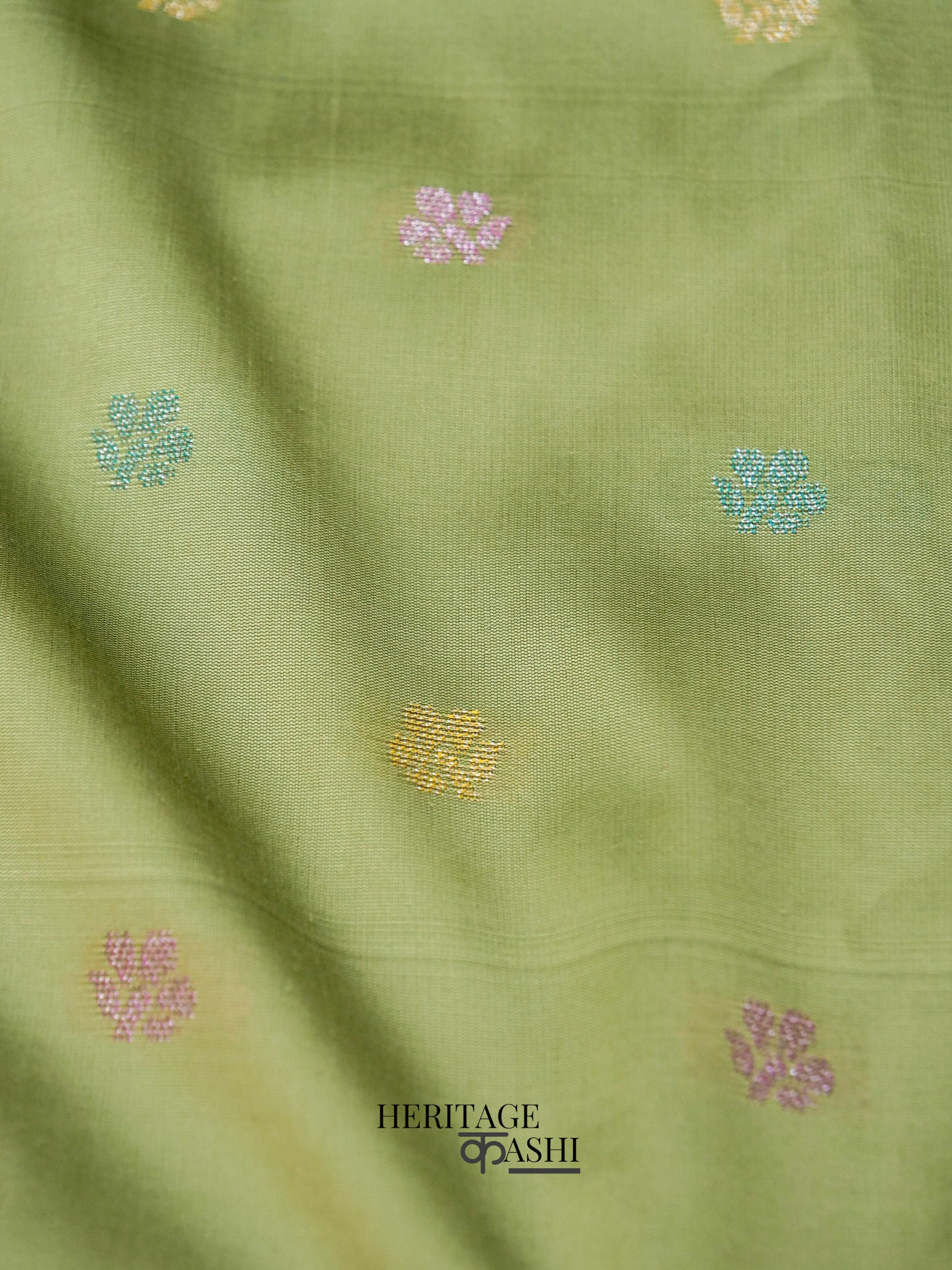 Olive Green Banarasi Soft Silk Ganga Jamuna Saree