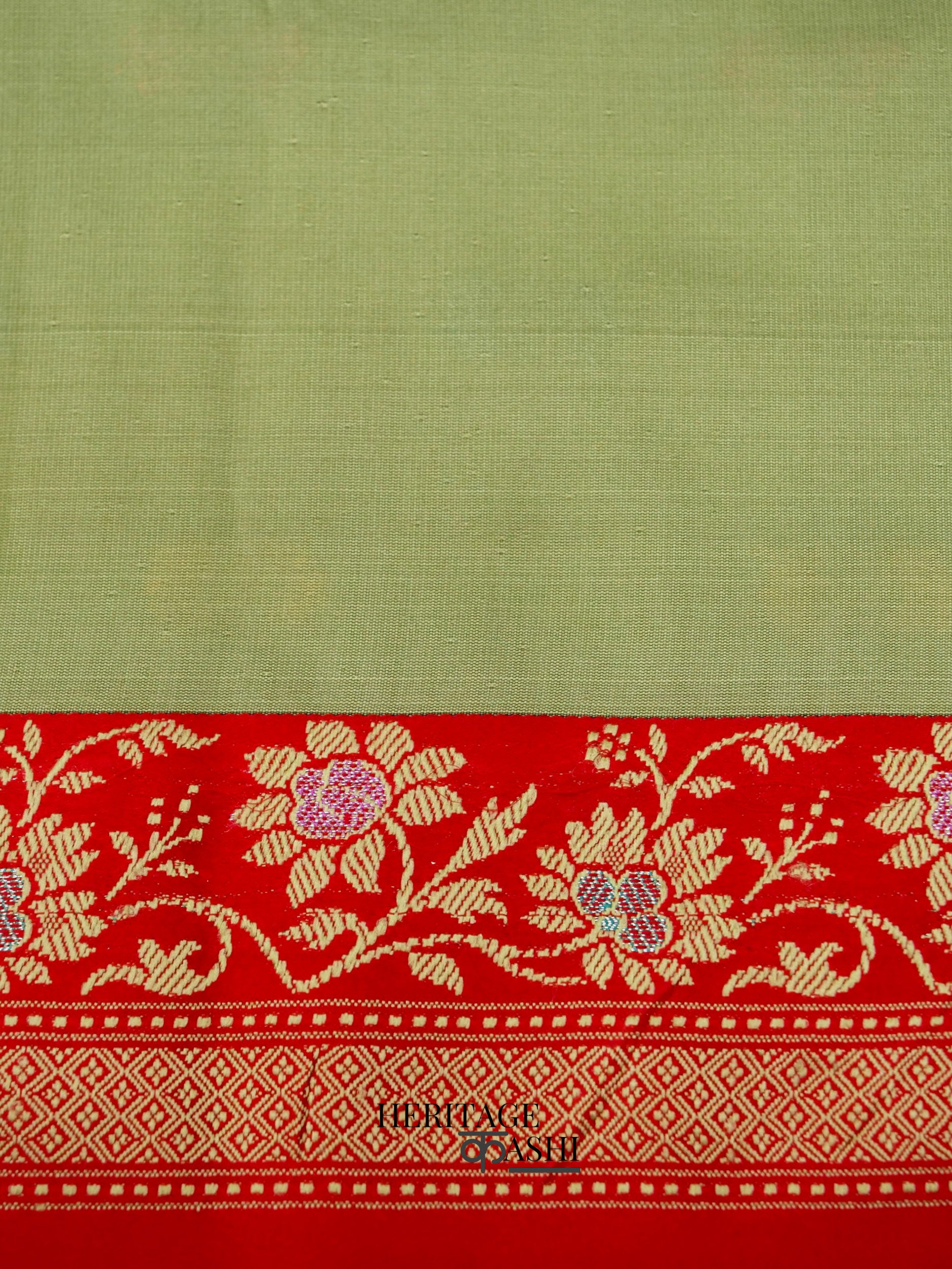 Olive Green Banarasi Soft Silk Ganga Jamuna Saree