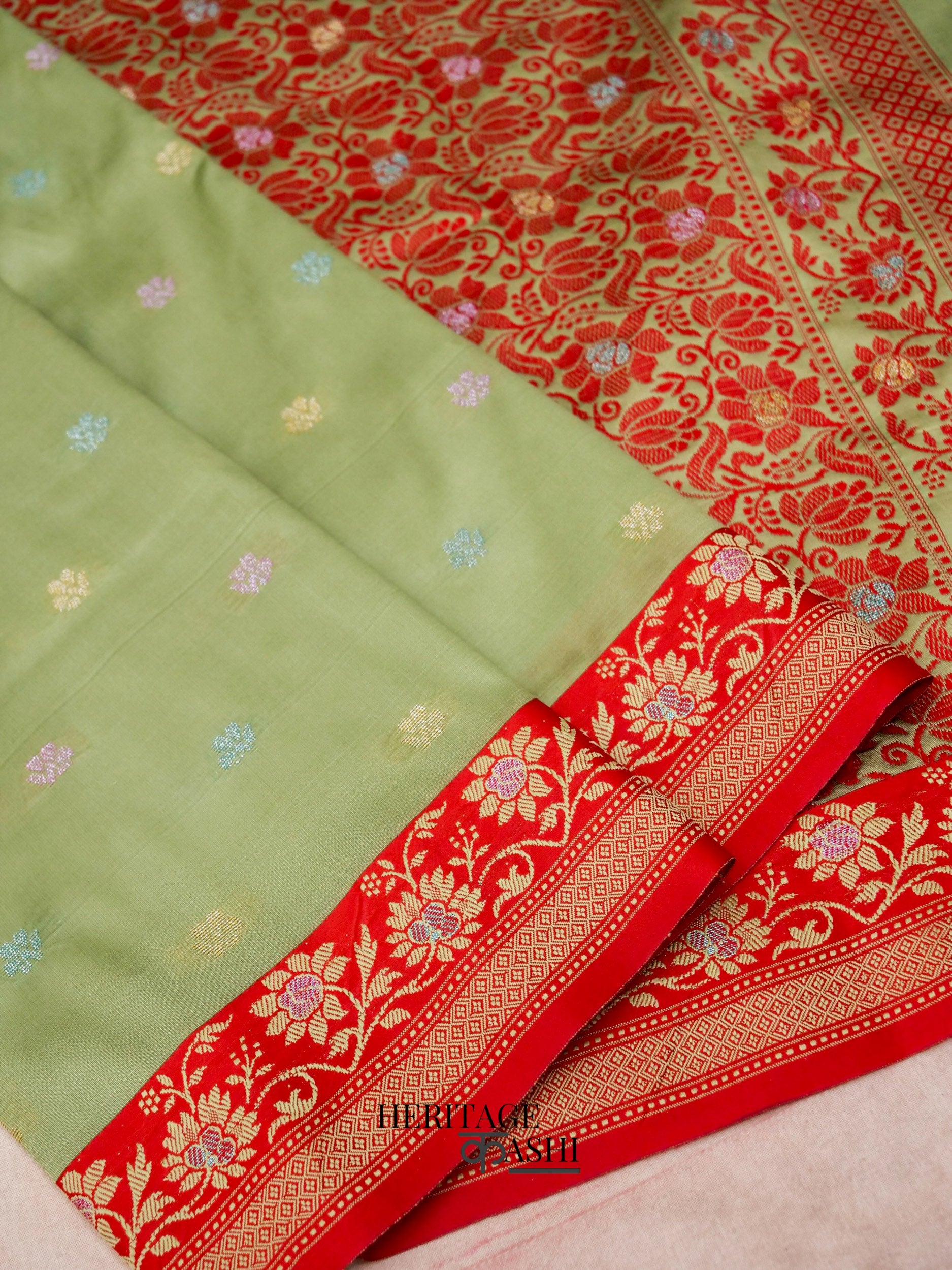 Olive Green Banarasi Soft Silk Ganga Jamuna Saree