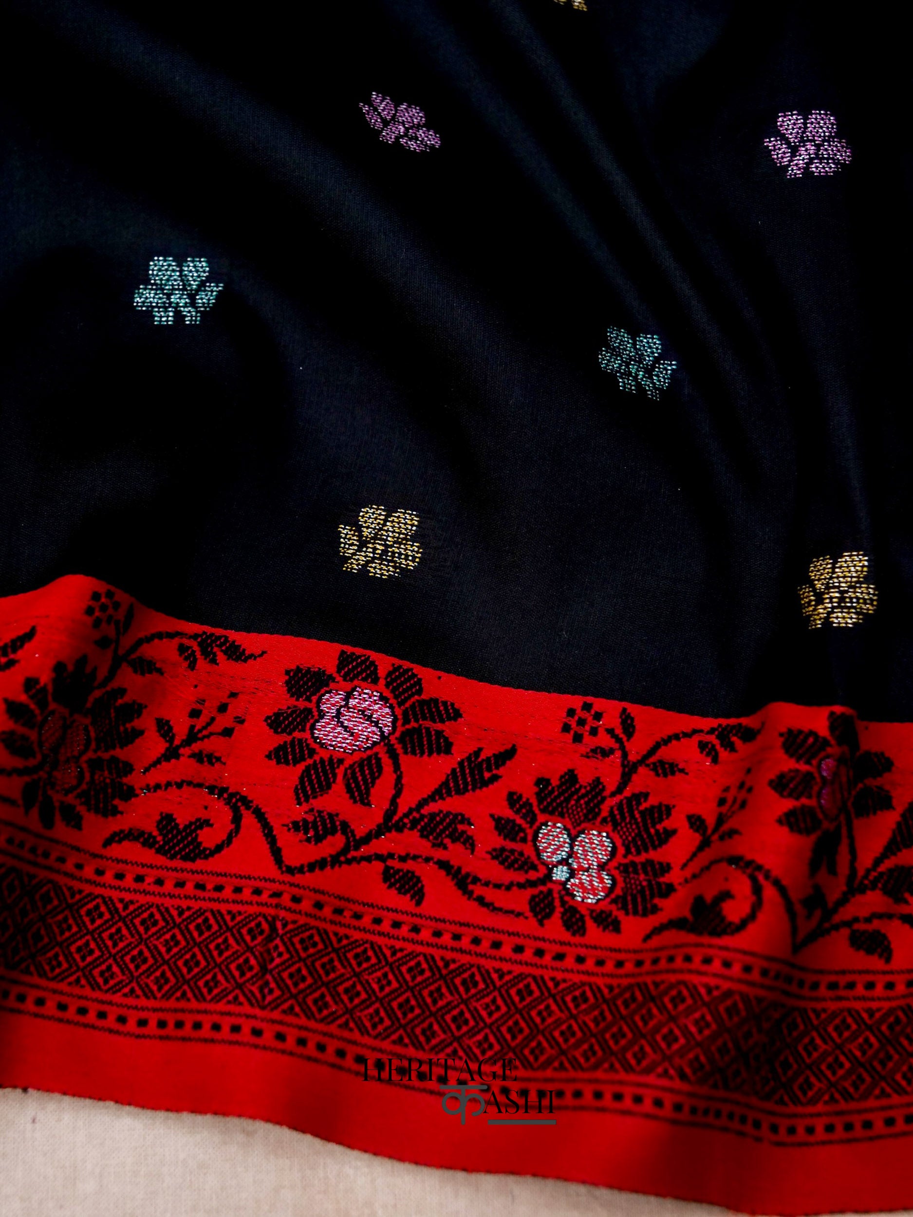Dark Black Banarasi Soft Silk Ganga Jamuna Saree