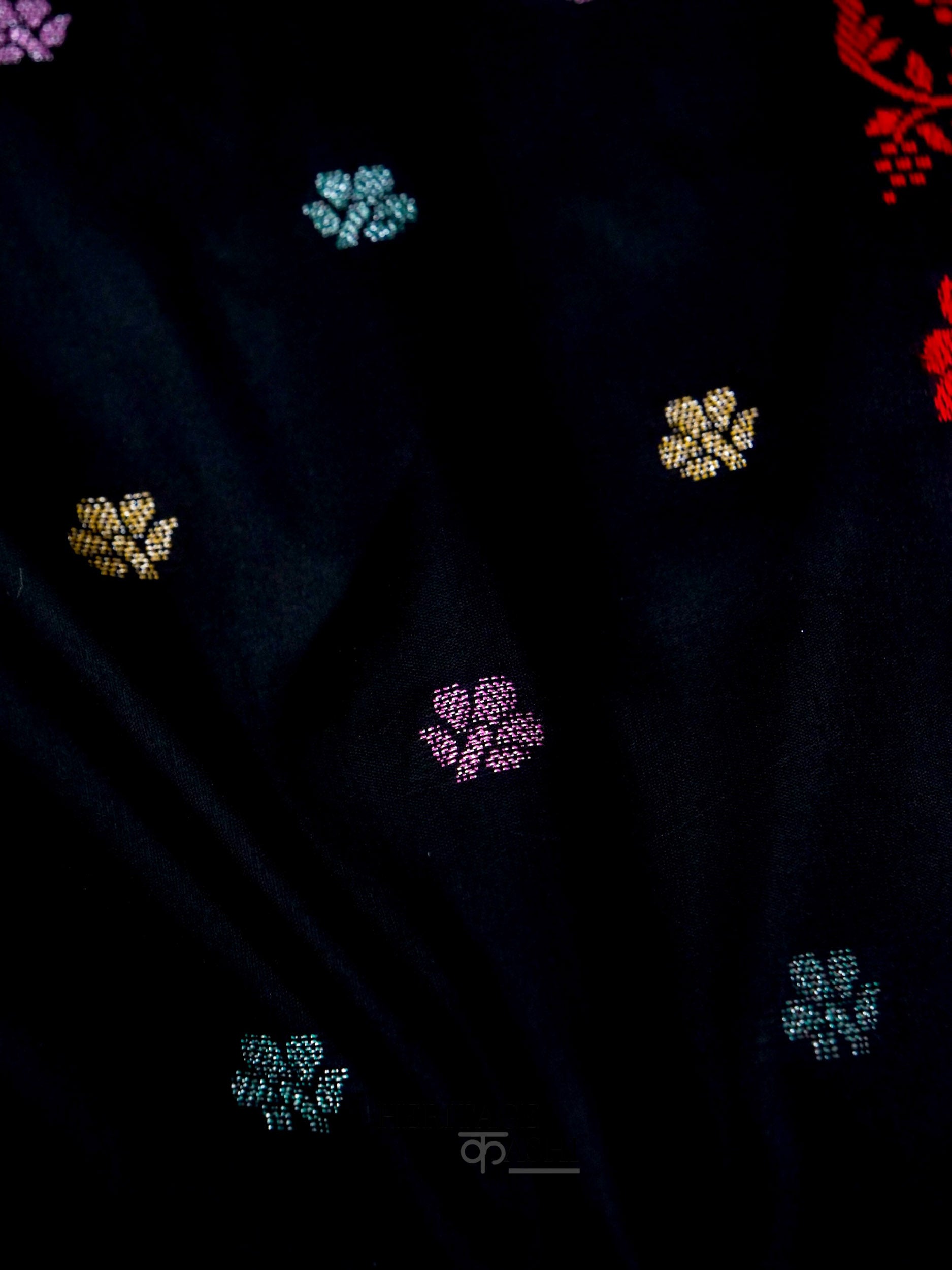 Dark Black Banarasi Soft Silk Ganga Jamuna Saree