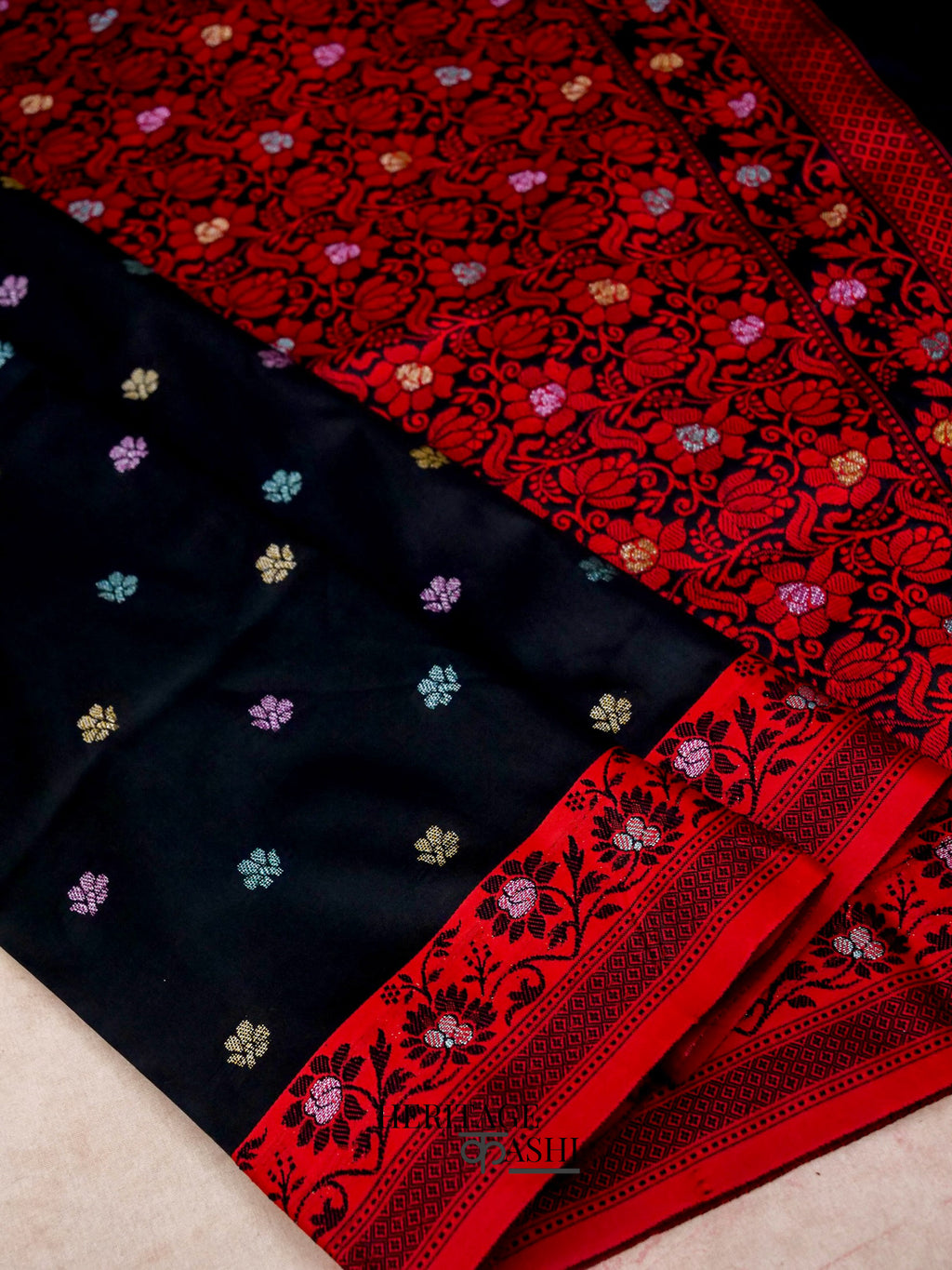 Dark Black Banarasi Soft Silk Ganga Jamuna Saree