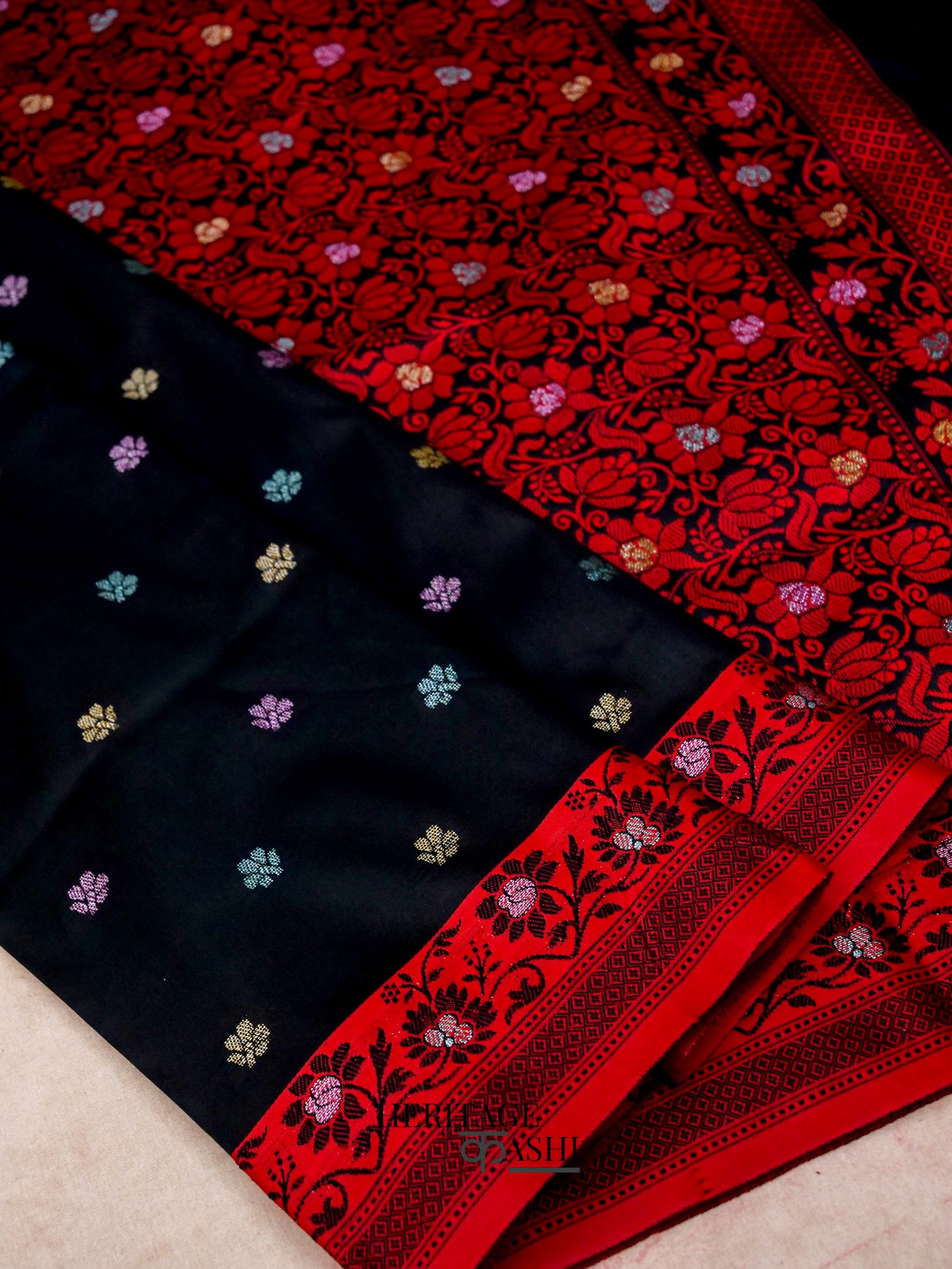 Dark Black Banarasi Soft Silk Ganga Jamuna Saree