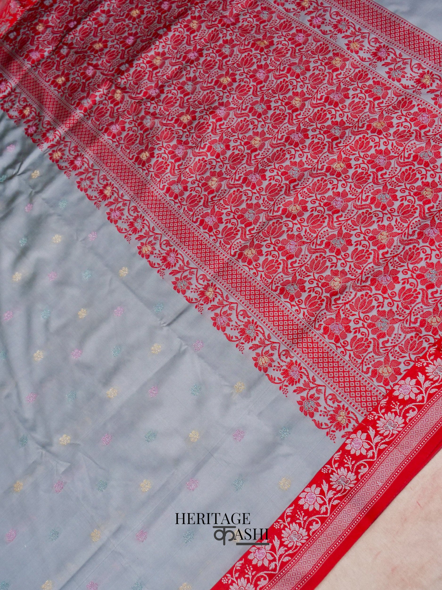 Grey Banarasi Soft Silk Ganga Jamuna Saree