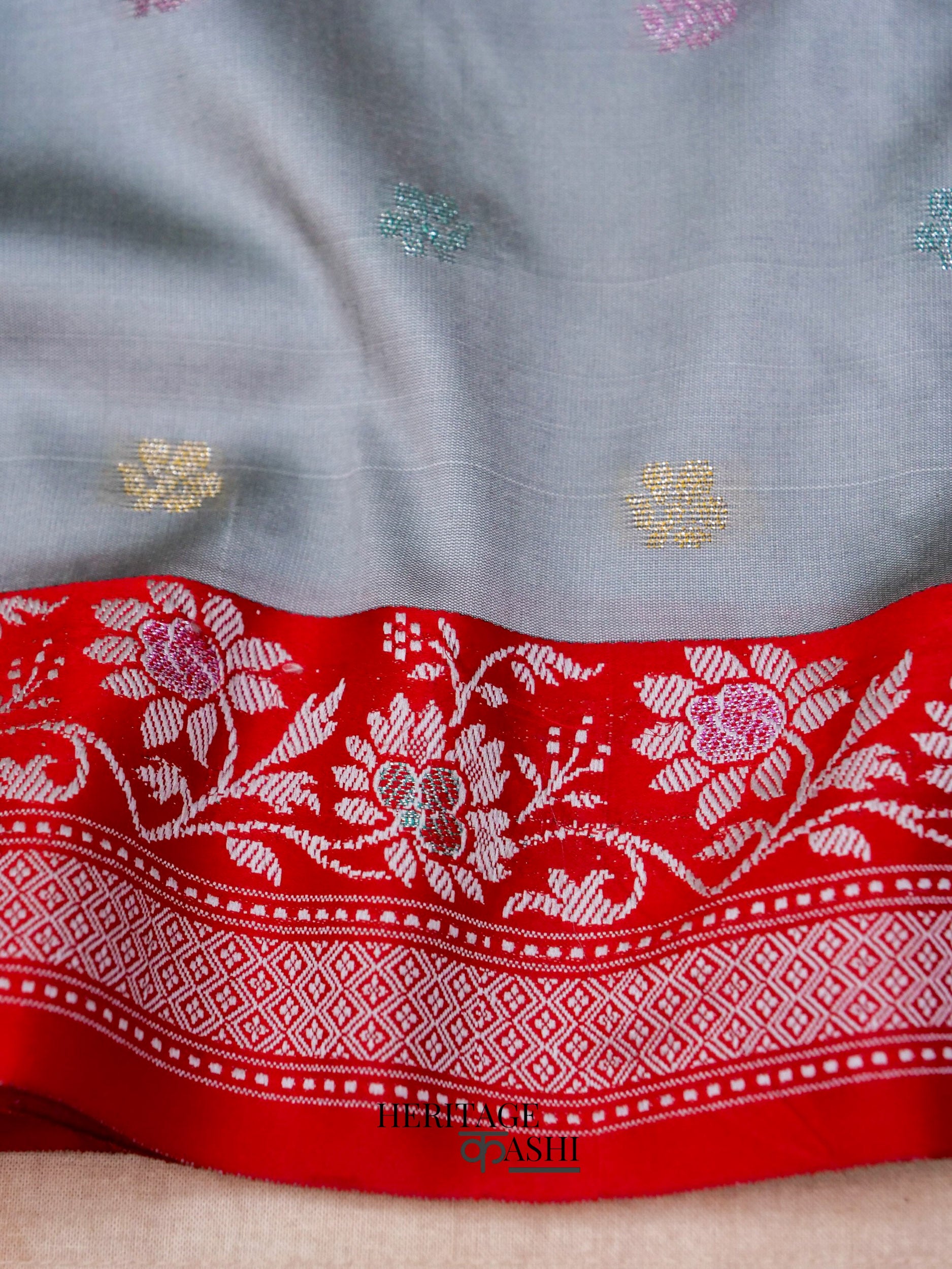 Grey Banarasi Soft Silk Ganga Jamuna Saree