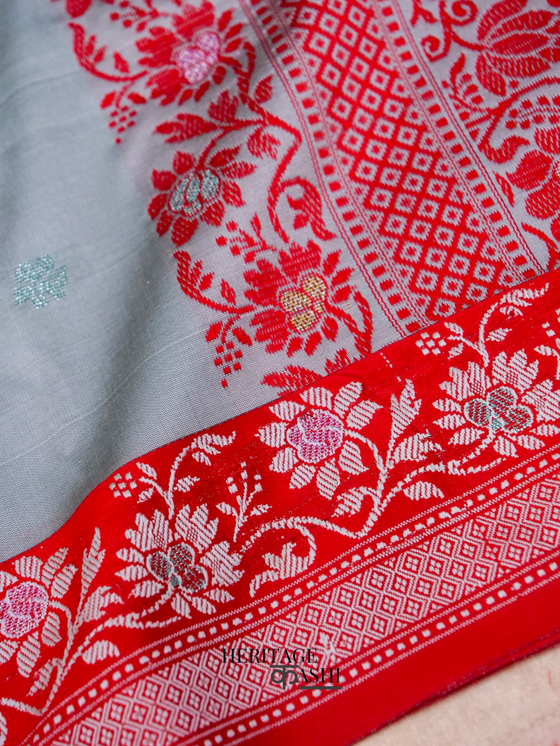 Grey Banarasi Soft Silk Ganga Jamuna Saree