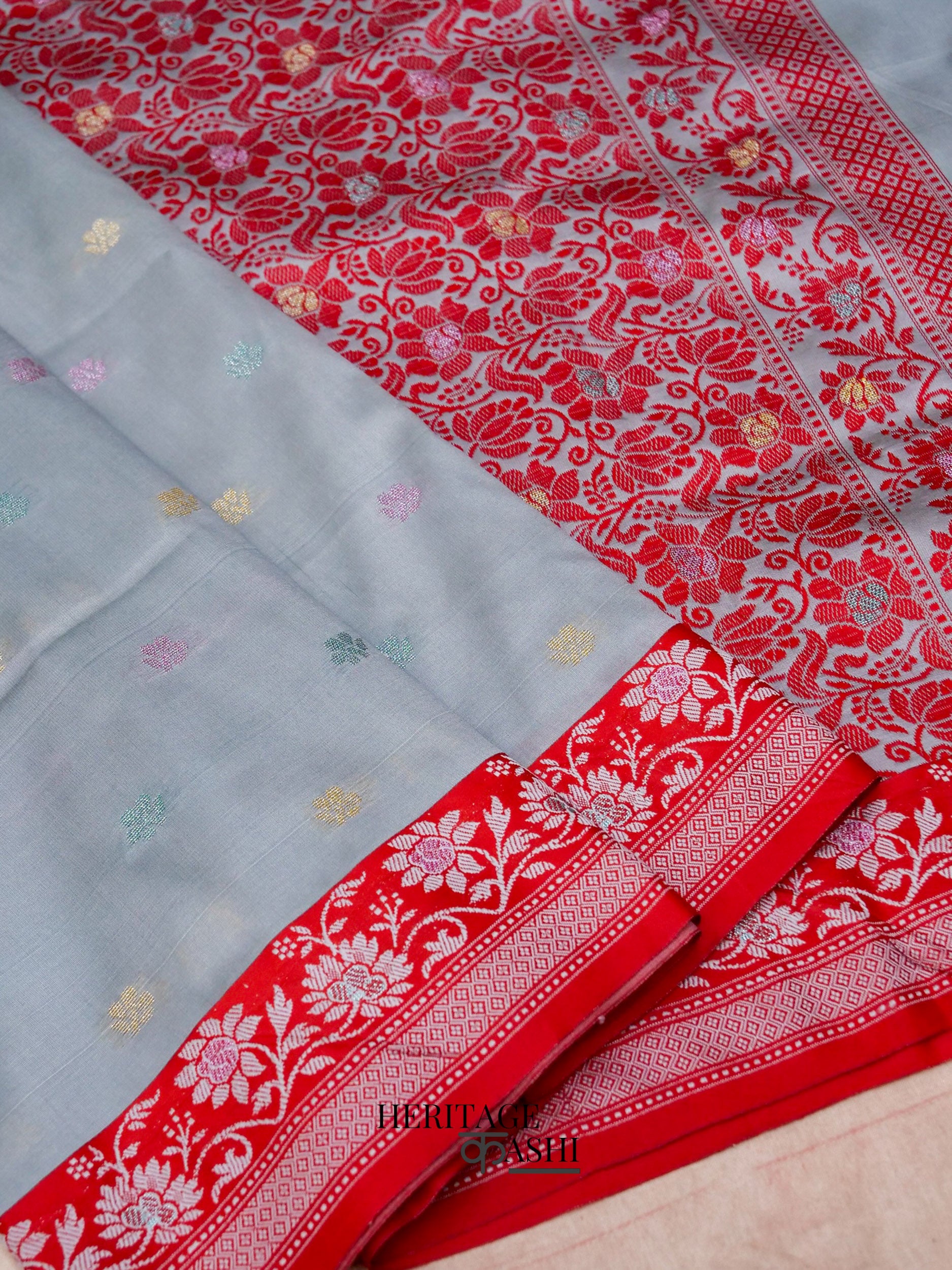 Grey Banarasi Soft Silk Ganga Jamuna Saree