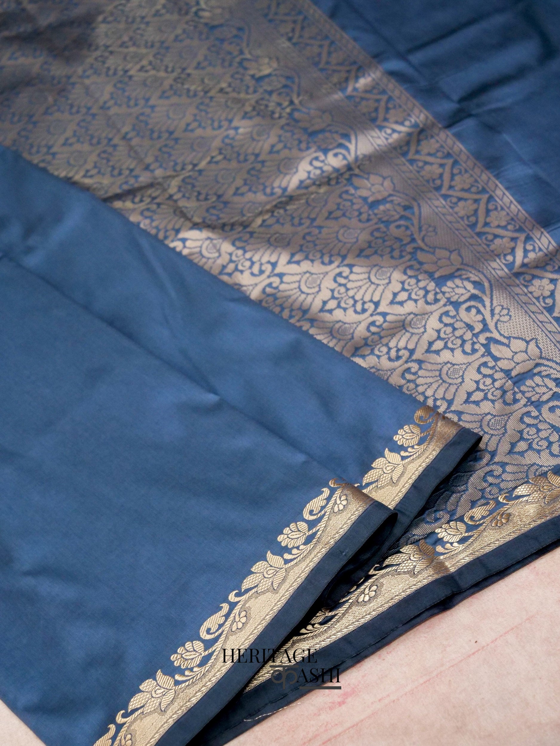 Steel Blue Banarasi Silk Plain Fancy Saree