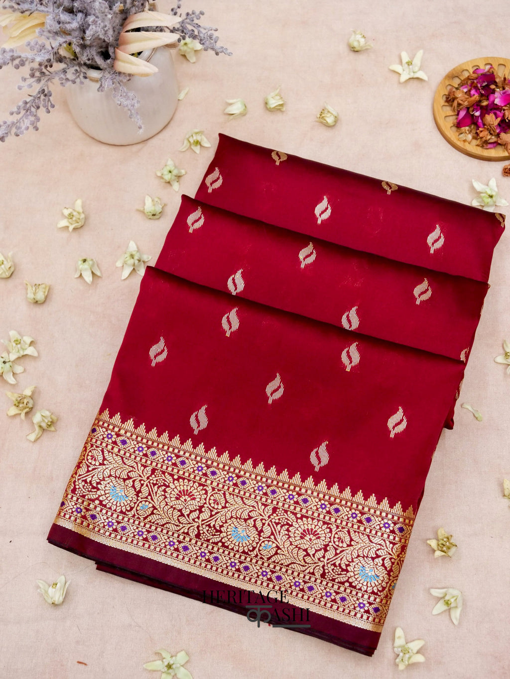 Blood Red Katan Silk Buti With Minakari Border Saree