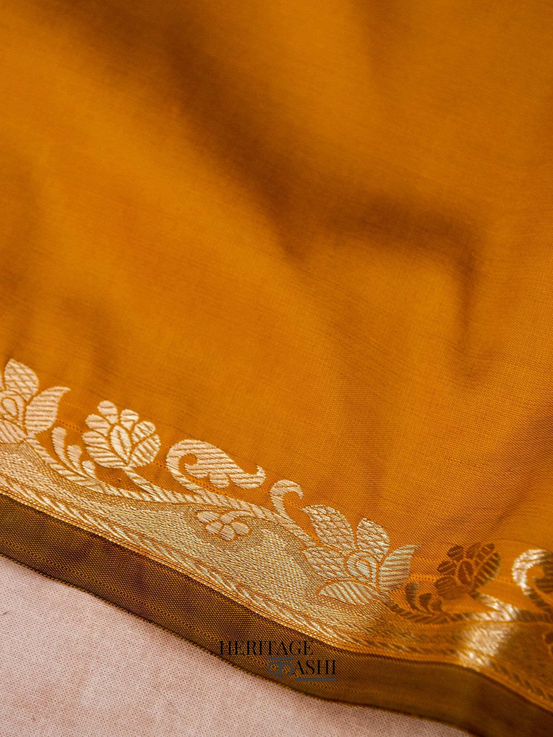 Mustard Yellow Banarasi Silk Plain Fancy Saree
