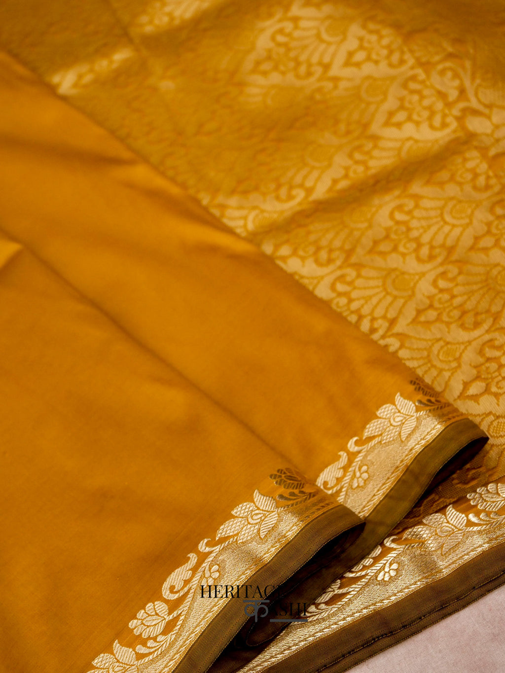 Mustard Yellow Banarasi Silk Plain Fancy Saree