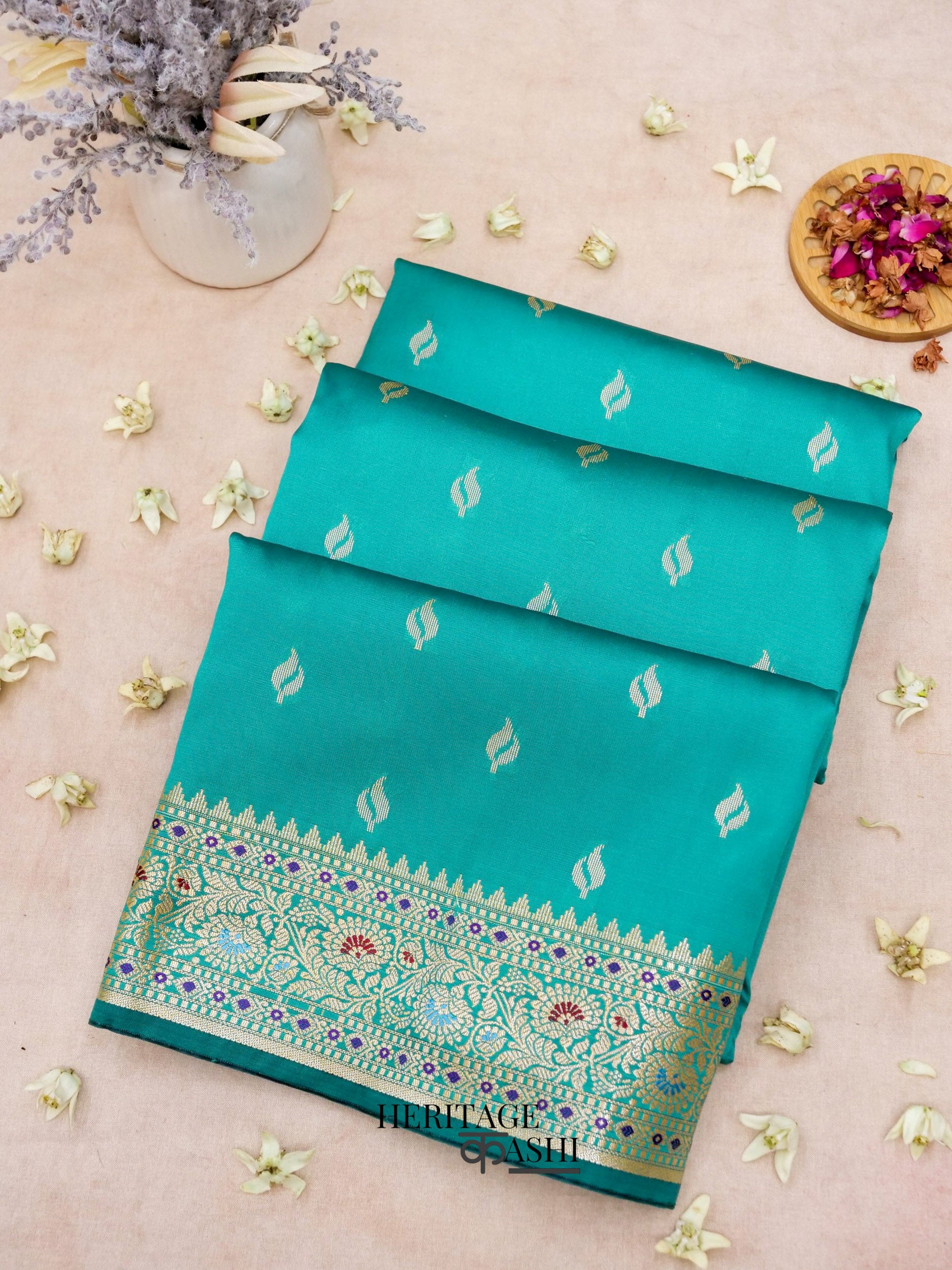 Teal Green Katan Silk Buti With Minakari Border Saree