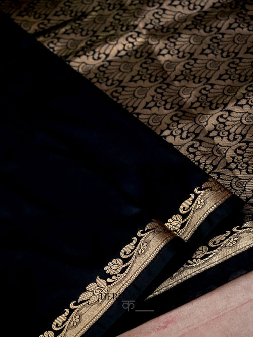 Black Banarasi Silk Plain Fancy Saree
