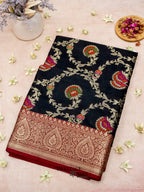 Black Katan Floral Tilfi Jaal Saree