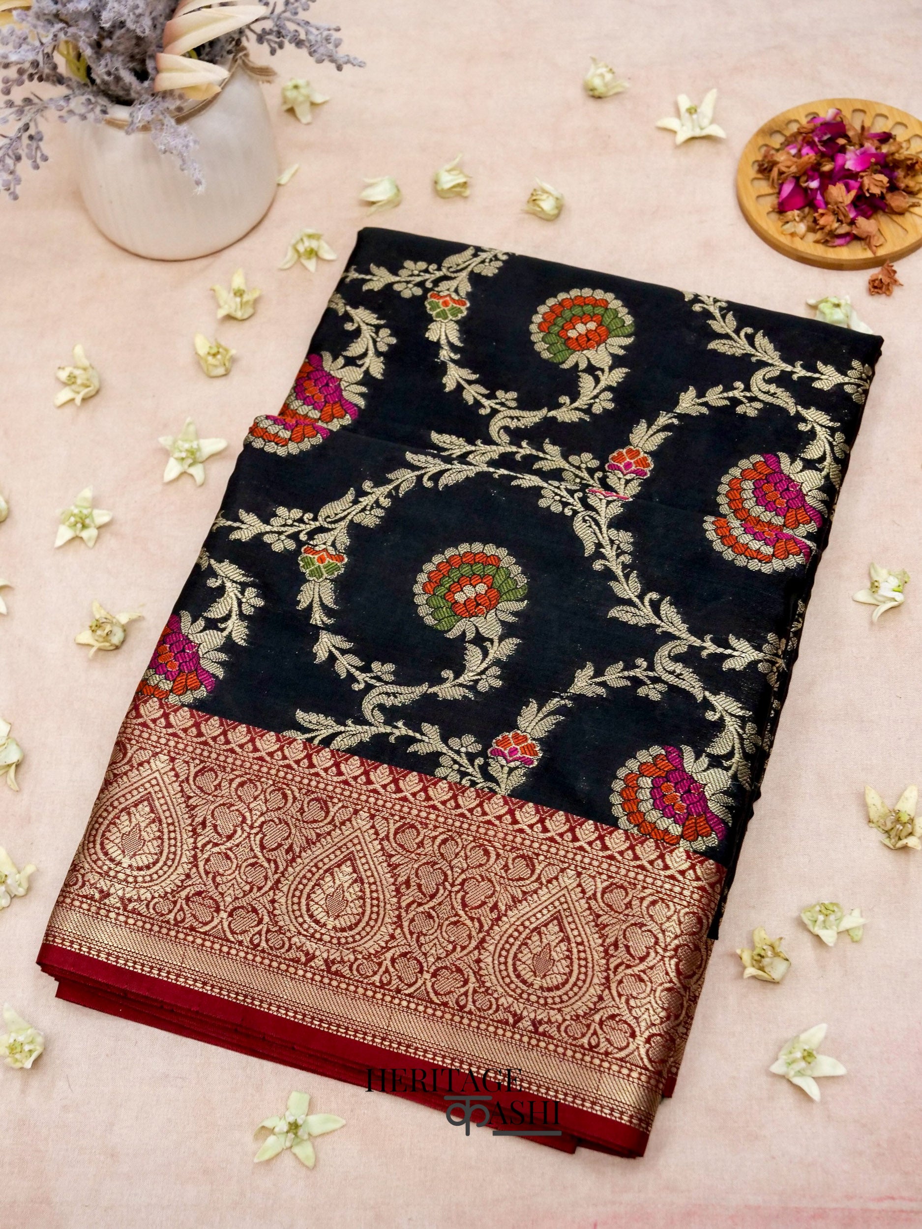 Black Katan Floral Tilfi Jaal Saree
