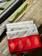 White Red Katan Silk Golden Leaf Motifs Saree