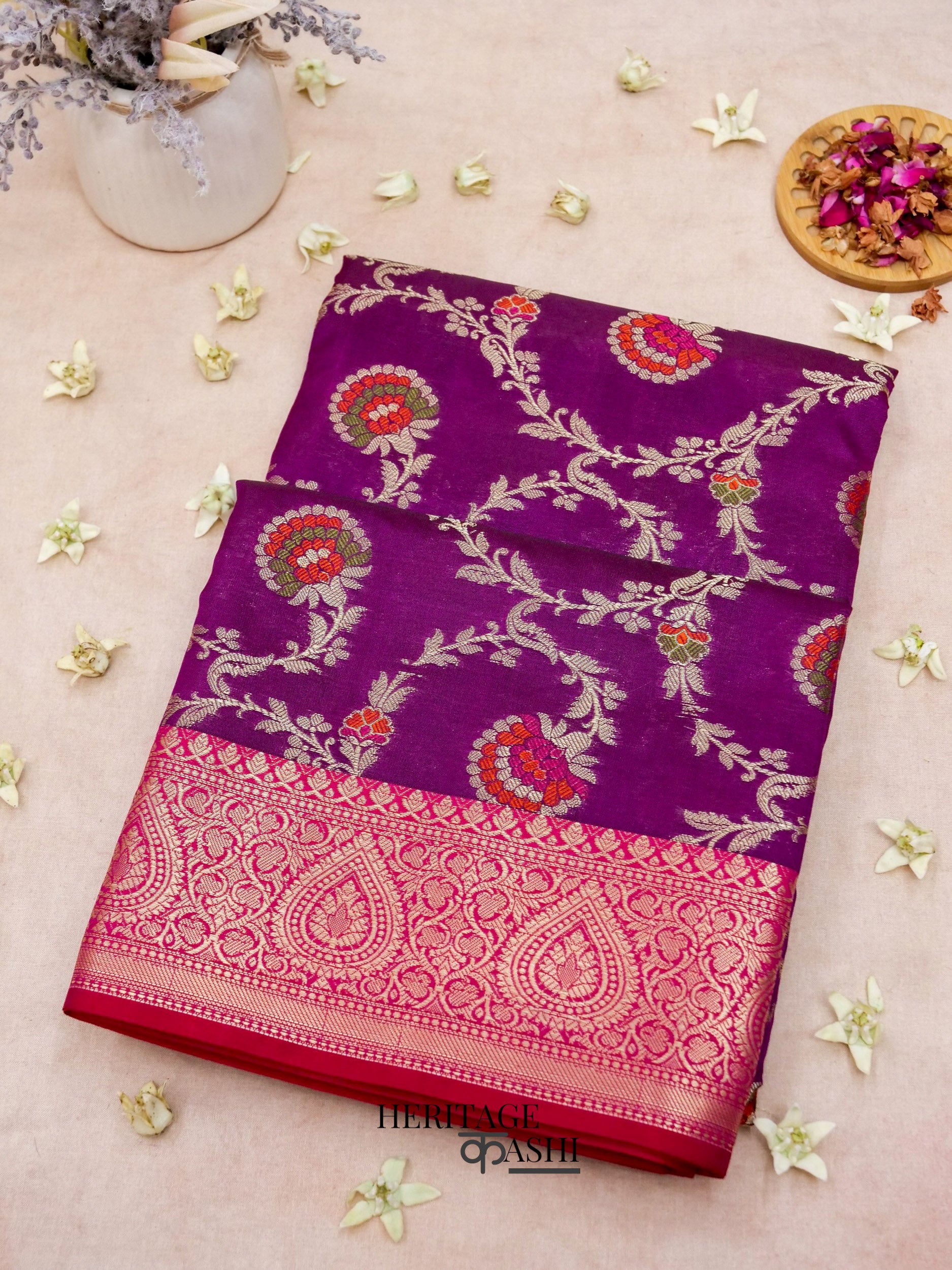 Purple Katan Floral Tilfi Jaal Saree