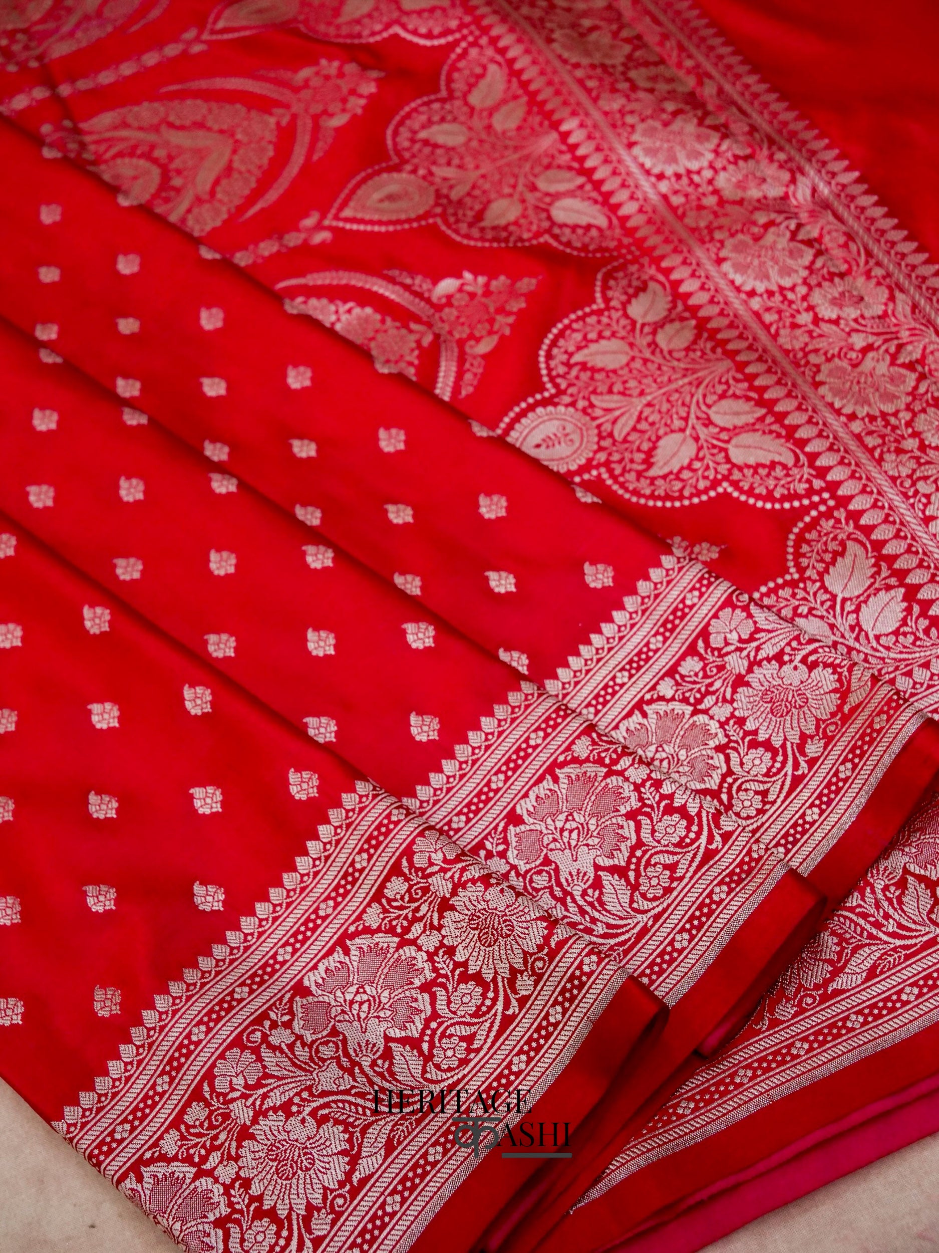 Crimson Red Mashru Silk Buti Handloom Saree