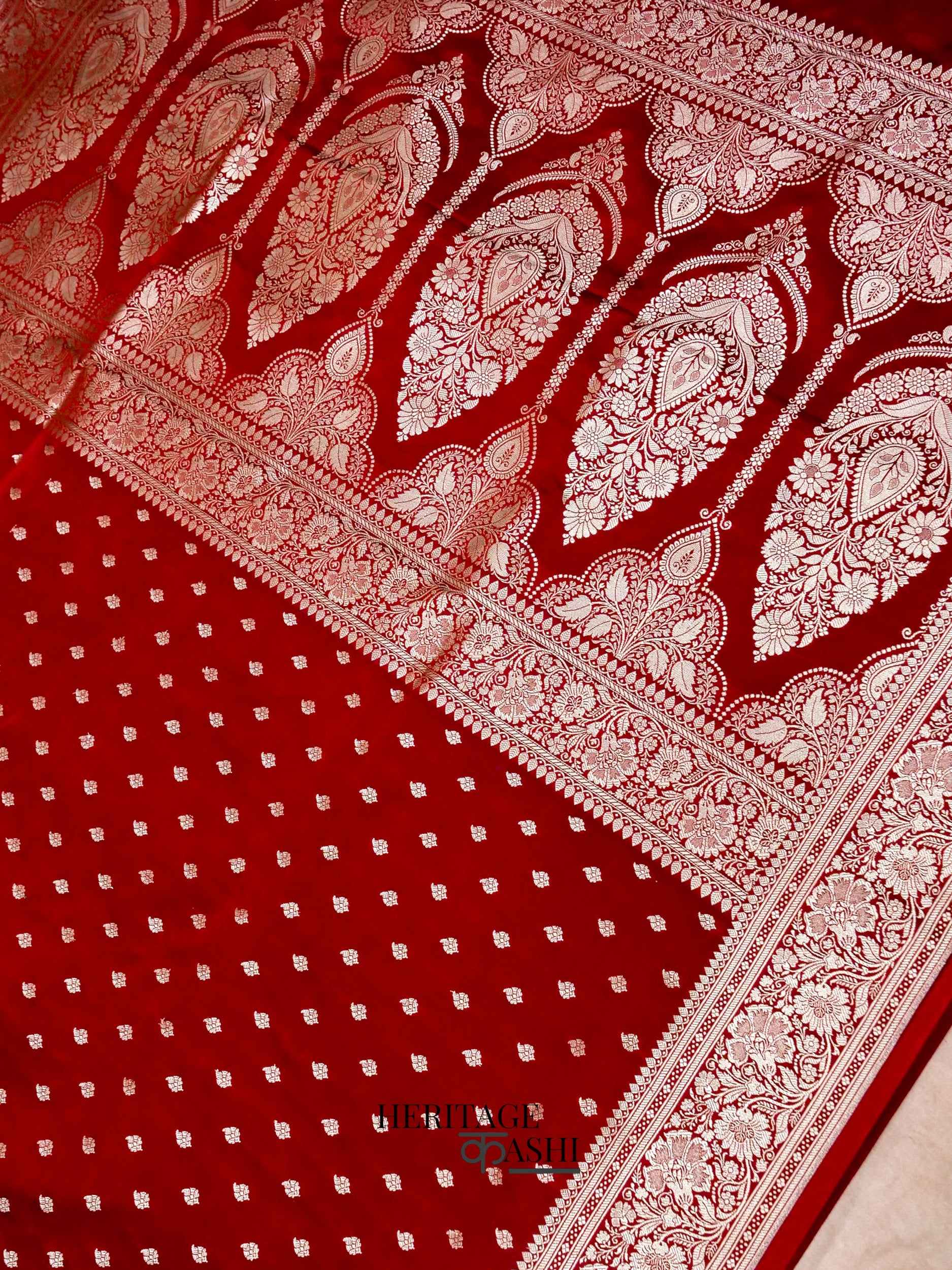 Blood Red Mashru Silk Buti Handloom Saree